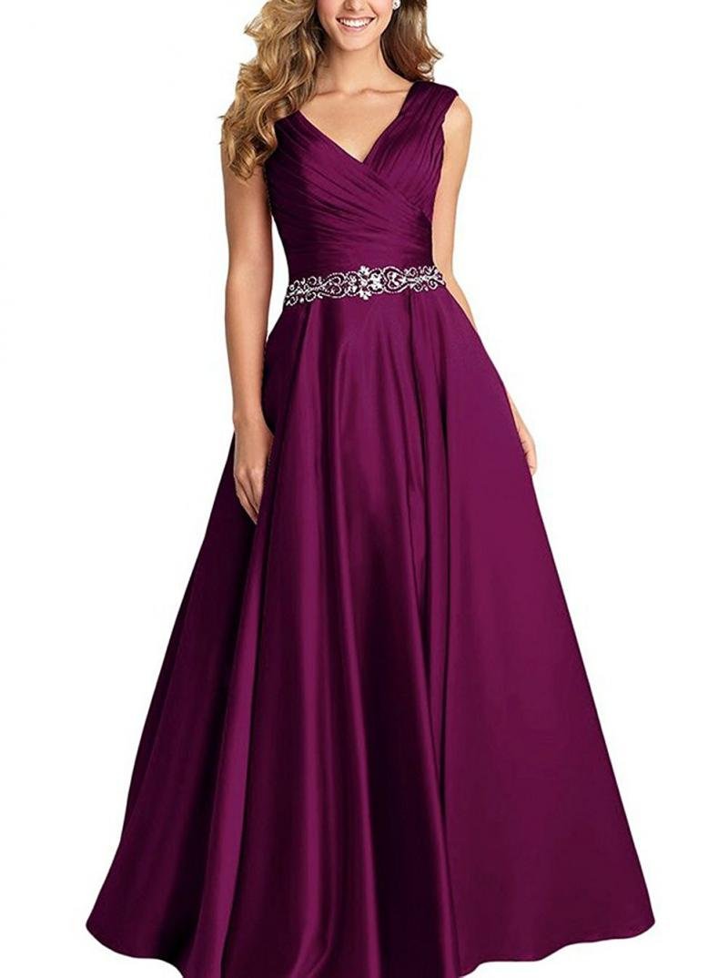 Elegant Beaded V-Neck Pleated Satin Prom Dress for Women - Long Formal Evening Gowns for Homecoming, Wedding Guest & Special Occasions