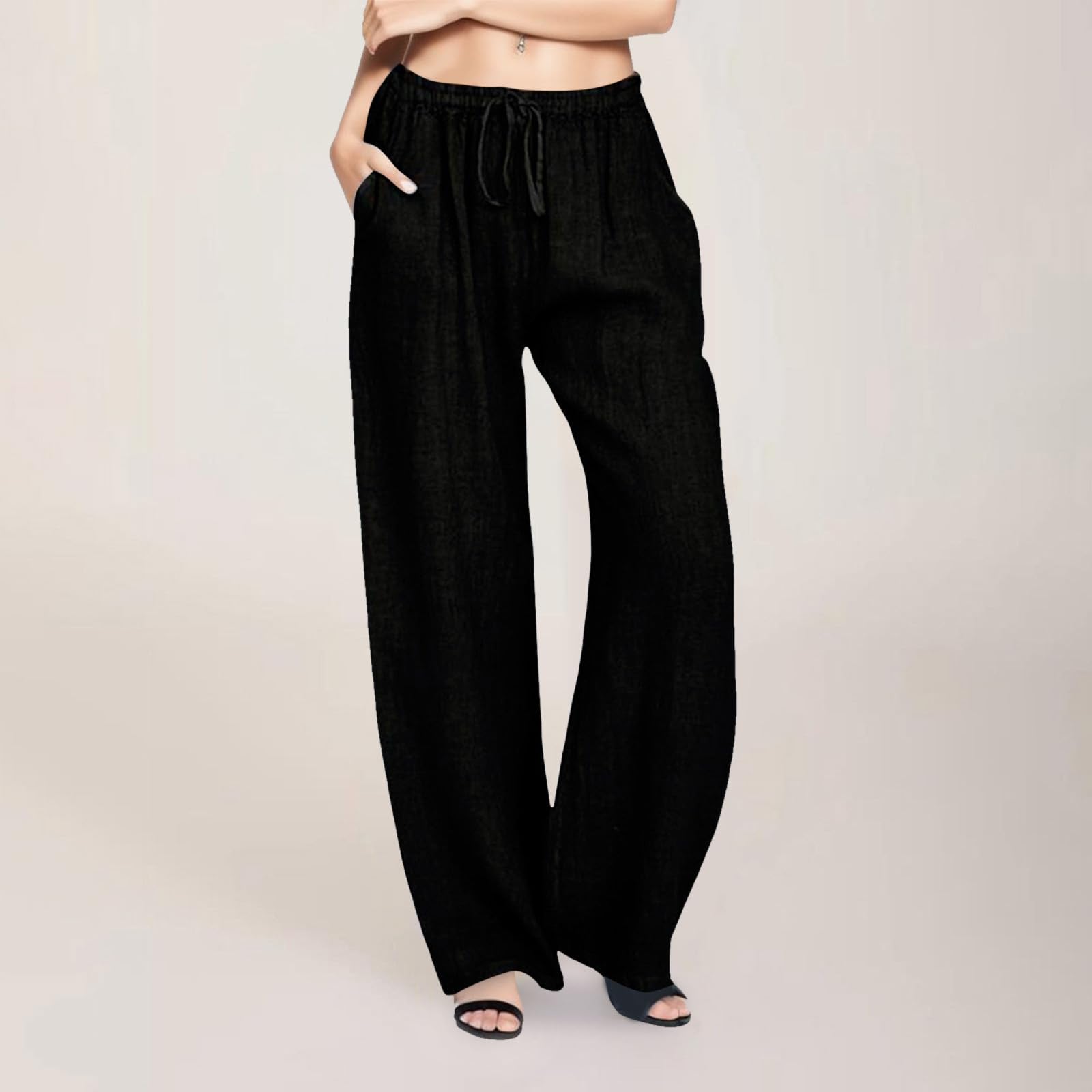 Women's Petite Palazzo Pants - Elastic Waist with Drawstring, Breathable Linen Lounge Pants for Summer - Perfect for Casual Wear, Yoga, and Beach Vacations