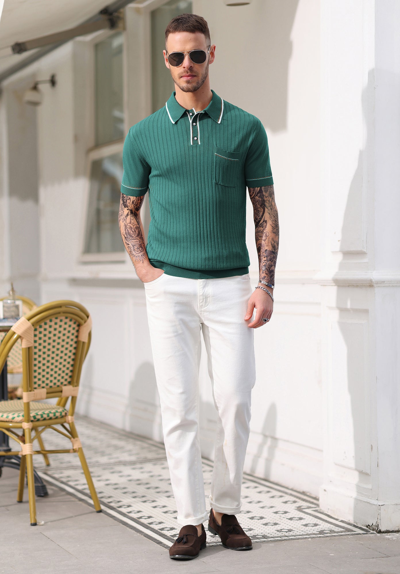 Men's Casual Short Sleeve Knit Button-Down Polo Shirt with Pockets - Breathable Golf & Everyday Wear Comfortable Pullover Top for Work, Outdoor Activities and Leisure