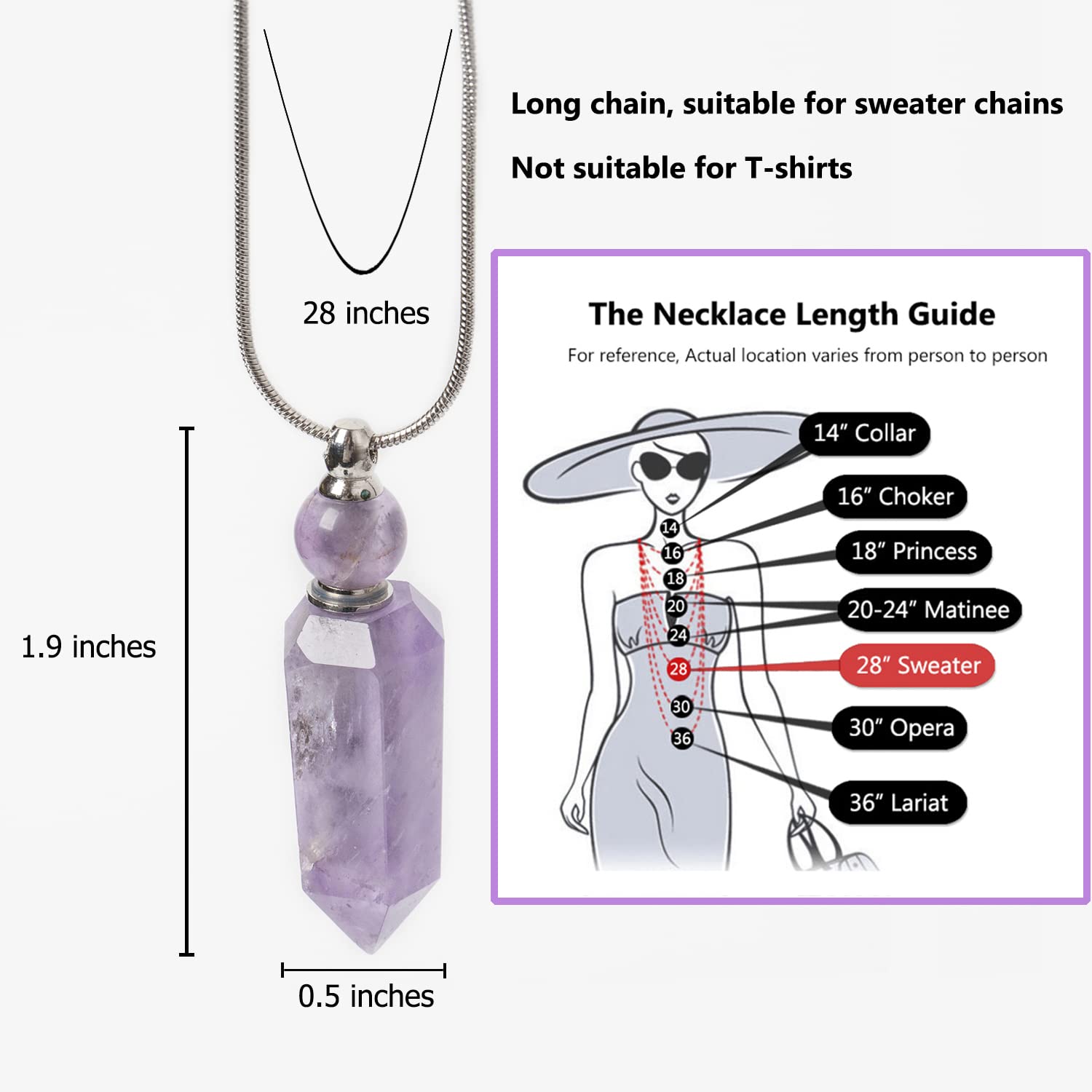 AMOYSTONE 1P Natural Amethyst Necklace - Long Chain Healing Crystal Pendant with Aromatherapy Oil Diffuser, Bullet Shape Women's Jewelry Gift for Meditation, Yoga & Spiritual Healing