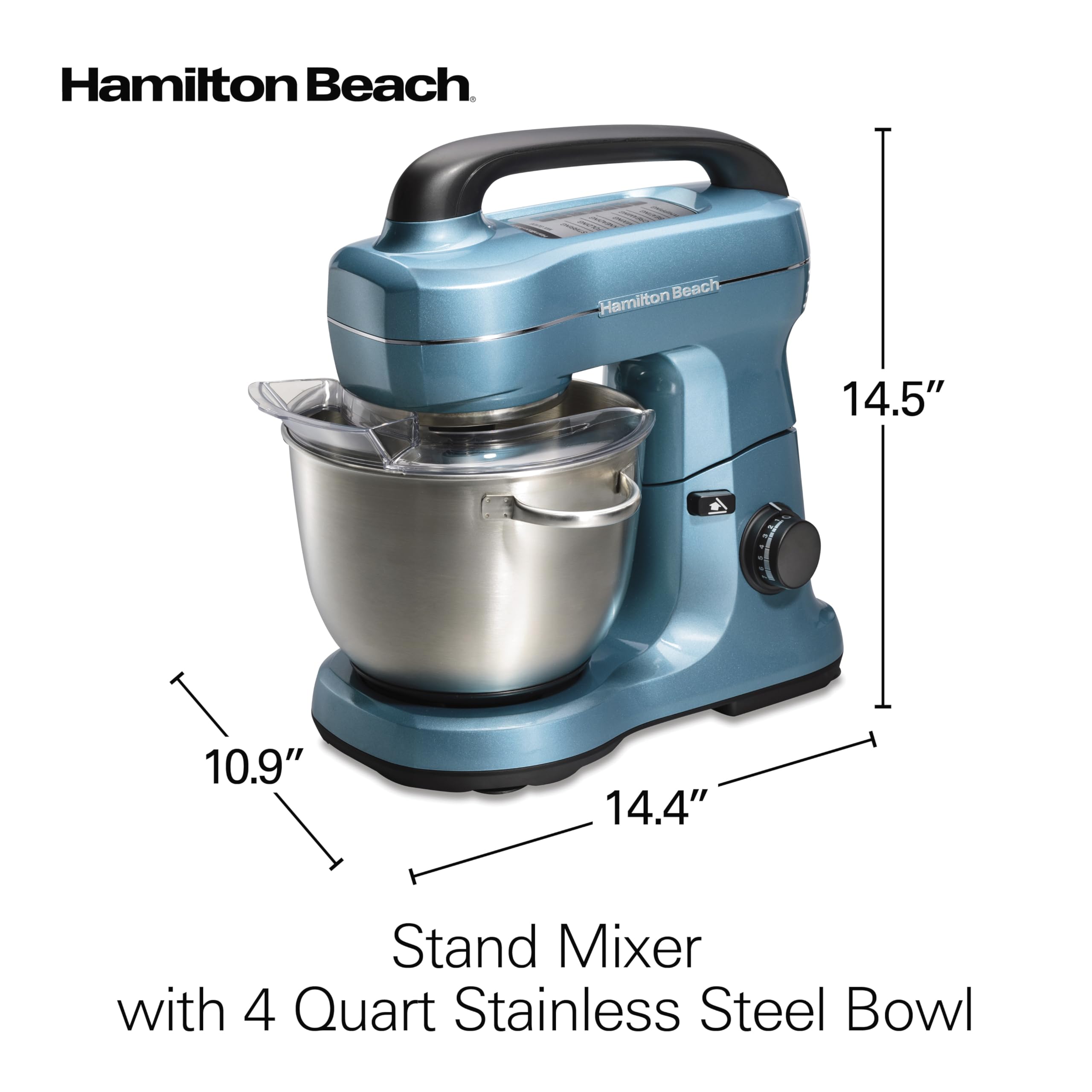 Hamilton Beach 4-Quart Electric Stand Mixer with Dough Hook, Flat Beater & Whisk - 7 Speed Settings & Splash Guard - Perfect for Baking Cakes, Cookies & Bread Dough (Blue)