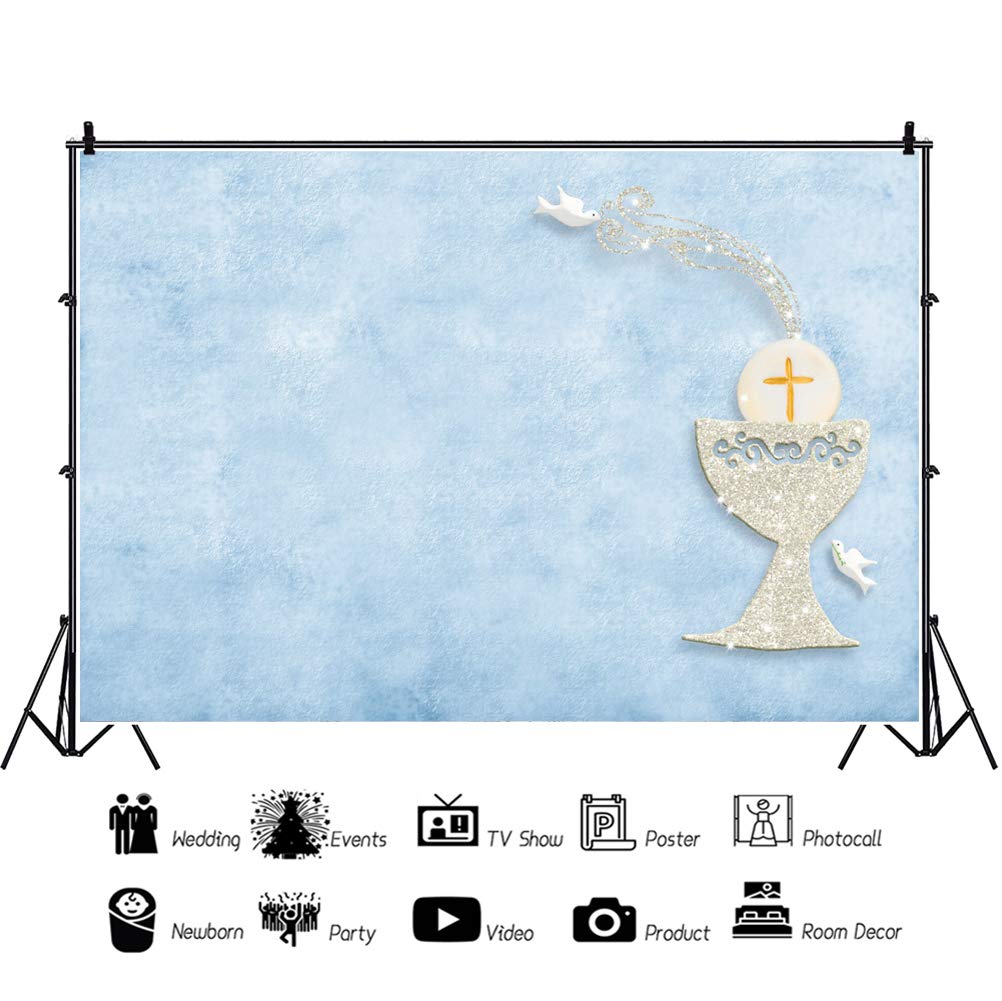 10x8ft Polyester Baptism Backdrop - First Holy Communion Rustic Blue & Silver Chalice with Golden Cross Photography Background for Newborn Christening, Party Decor, Photo Studio Props - Perfect for Church Events, Baby Baptisms & Religious Celebrations