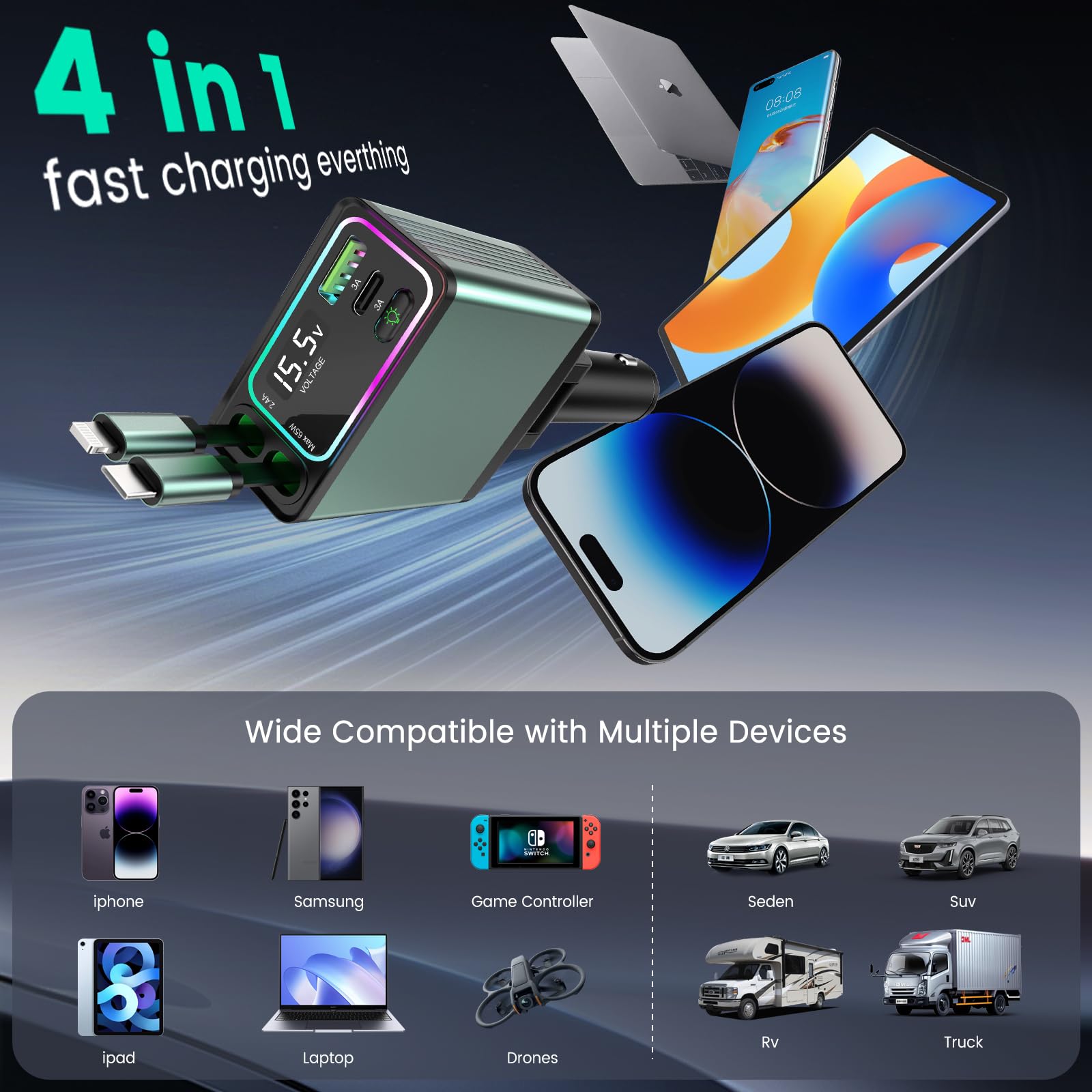 4-in-1 Retractable Fast Car Charger with USB-C & Lightning Ports (2.62ft Cables) - Compatible with iPhone 16/15/14/13/12, iPad, Samsung Galaxy, Google Pixel - Perfect for Road Trips, Commuting & Emergency Charging