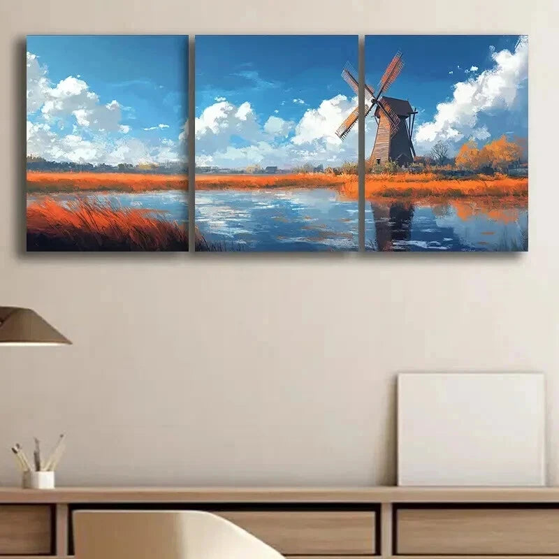 3-Piece Windmill on the Water Wall Art Set - Framed Canvas Prints 60x90cm - High Quality Australian Made Ready-to-Hang Decor for Living Room, Bedroom & Office