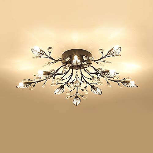 Black Contemporary Leaf Semi Flush Mount Ceiling Light with Clear Crystal Accents - 10-Light Modern Chandelier for Dining Room, Bedroom, or Living Room Lighting