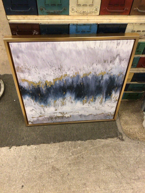 25 5/8 Inch Square Gold Framed Blue and Gold Abstract Art Canvas Wall Painting - Perfect for Living Room, Bedroom, Office Decor