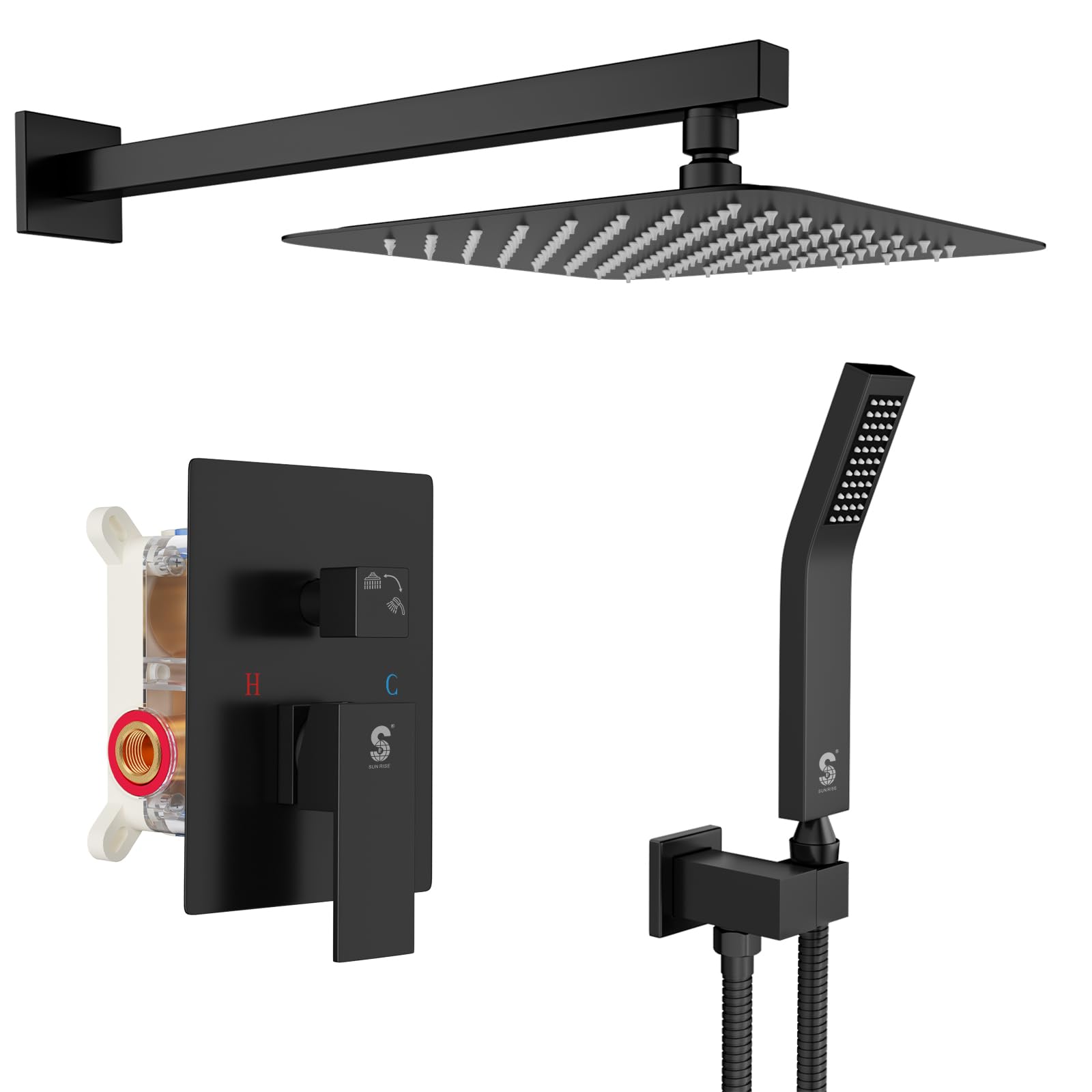 SR SUN RISE Black Square Rainfall Shower Head and Handle Set - Wall Mounted Shower Fixtures with Metal Faucet Trim & Valve Repair Kit for Bathroom Renovation - Perfect for Modern Home, Spa, and Luxury Shower Experience