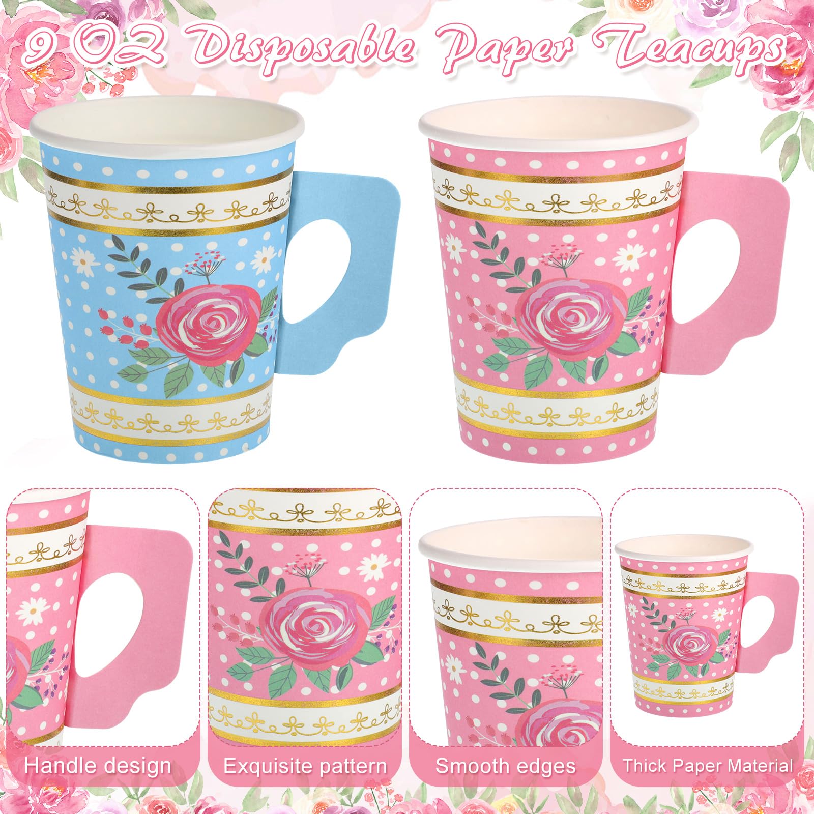 200 Pcs Floral Disposable Paper Tea Cups and Saucers Set - 9 oz Bulk Tea Cups with Handles & Plates for Tea Party, Baby Shower, Wedding, Birthday - Serves 100 Guests - Perfect for Garden Parties, Bridal Showers & Afternoon Tea Events