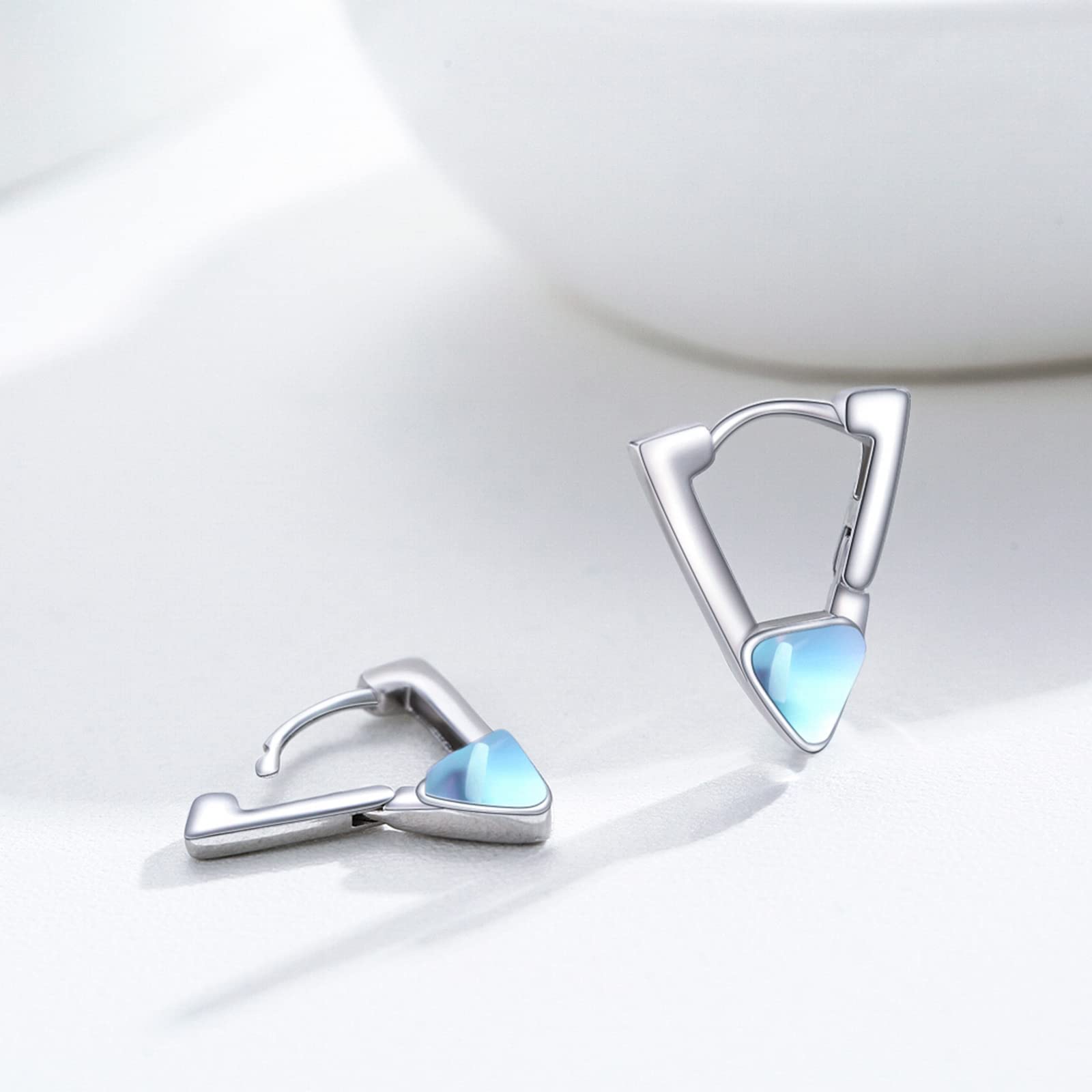 Moonstone Earrings for Women - Sterling Silver Hoop & Triangle Huggie Earrings | Hypoallergenic Jewelry for Sensitive Ears | Perfect Gift for Daughter, Halloween & Christmas | Elegant Everyday Wear & Special Occasions