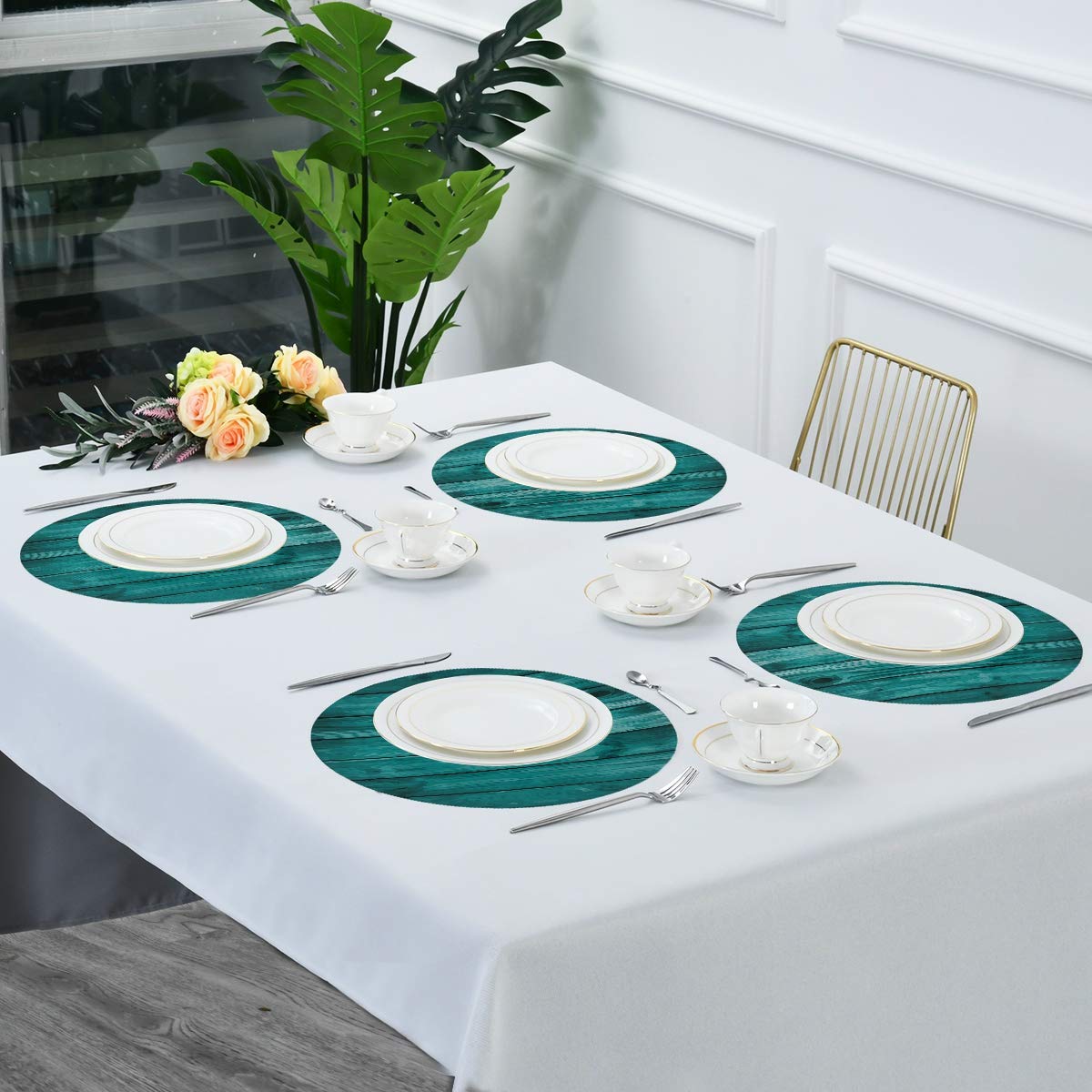 Bolaz Teal Round Placemats Set of 4 - Heat Resistant Kitchen Dining Table Mats - 15 Inch Gray Green Placemats for Dinner Parties, Holiday Decor & Everyday Use