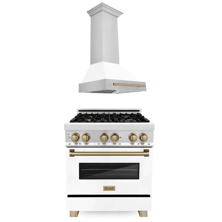 ZLINE Autograph Edition 30-inch Stainless Steel Dual Fuel Range with White Matte Door & Range Hood - Champagne Bronze Accents | Professional Kitchen Upgrade for Home Chefs & Modern Cooking Enthusiasts