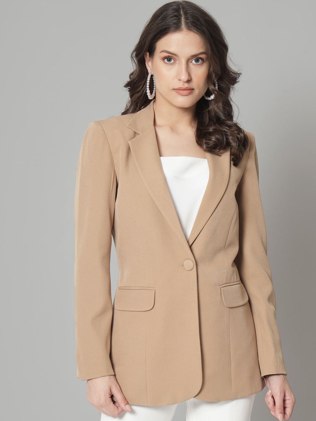 Single Button Notch Collar Blazer in Beige | Women's Office Wear & Formal Jacket for Business, Interviews & Special Occasions