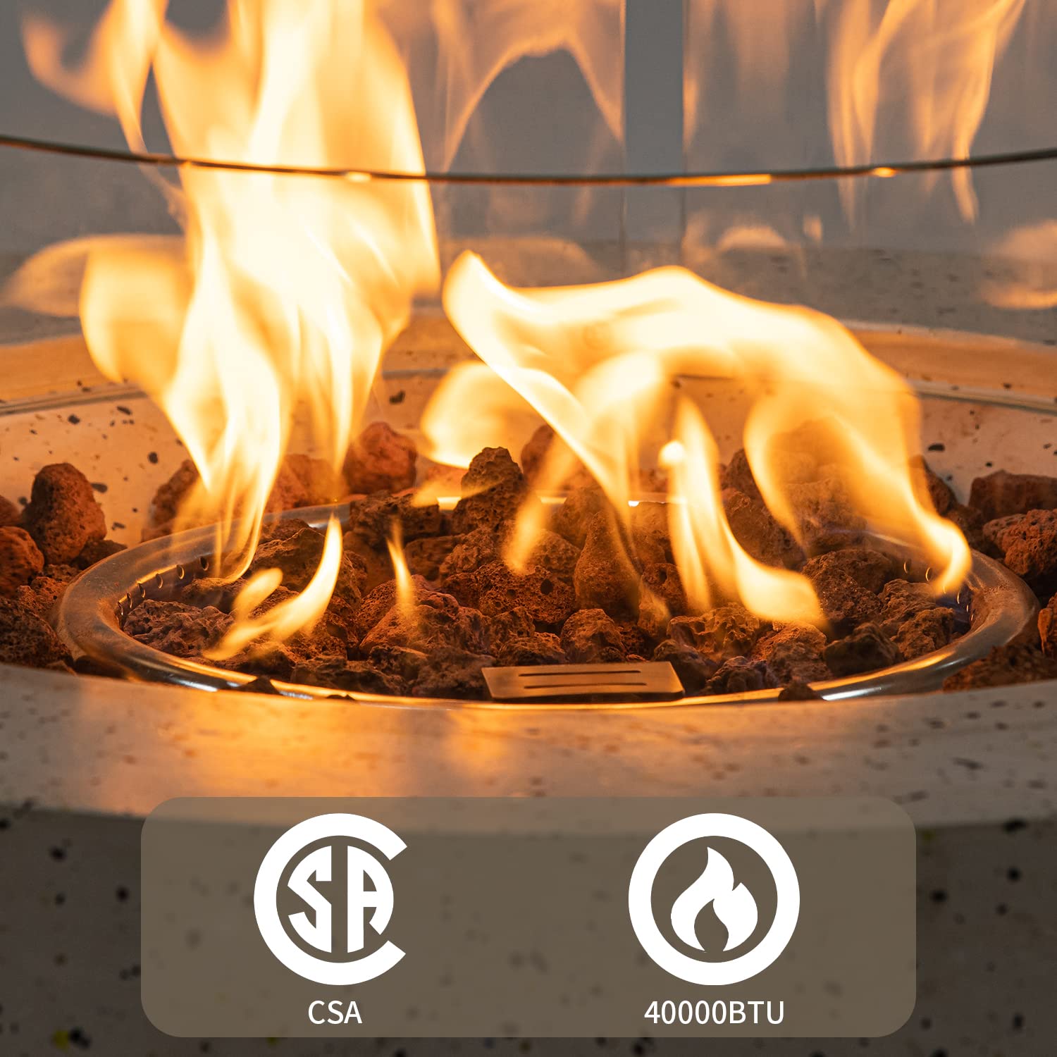 **SUNBURY 28-Inch Round Outdoor Propane Fire Pit Table with Glass Wind Guard - 40,000 BTU Spotted White Patio Gas Fire Table, Includes Waterproof Cover & Lava Rocks - Perfect for Backyard, Deck, or Garden Gatherings**