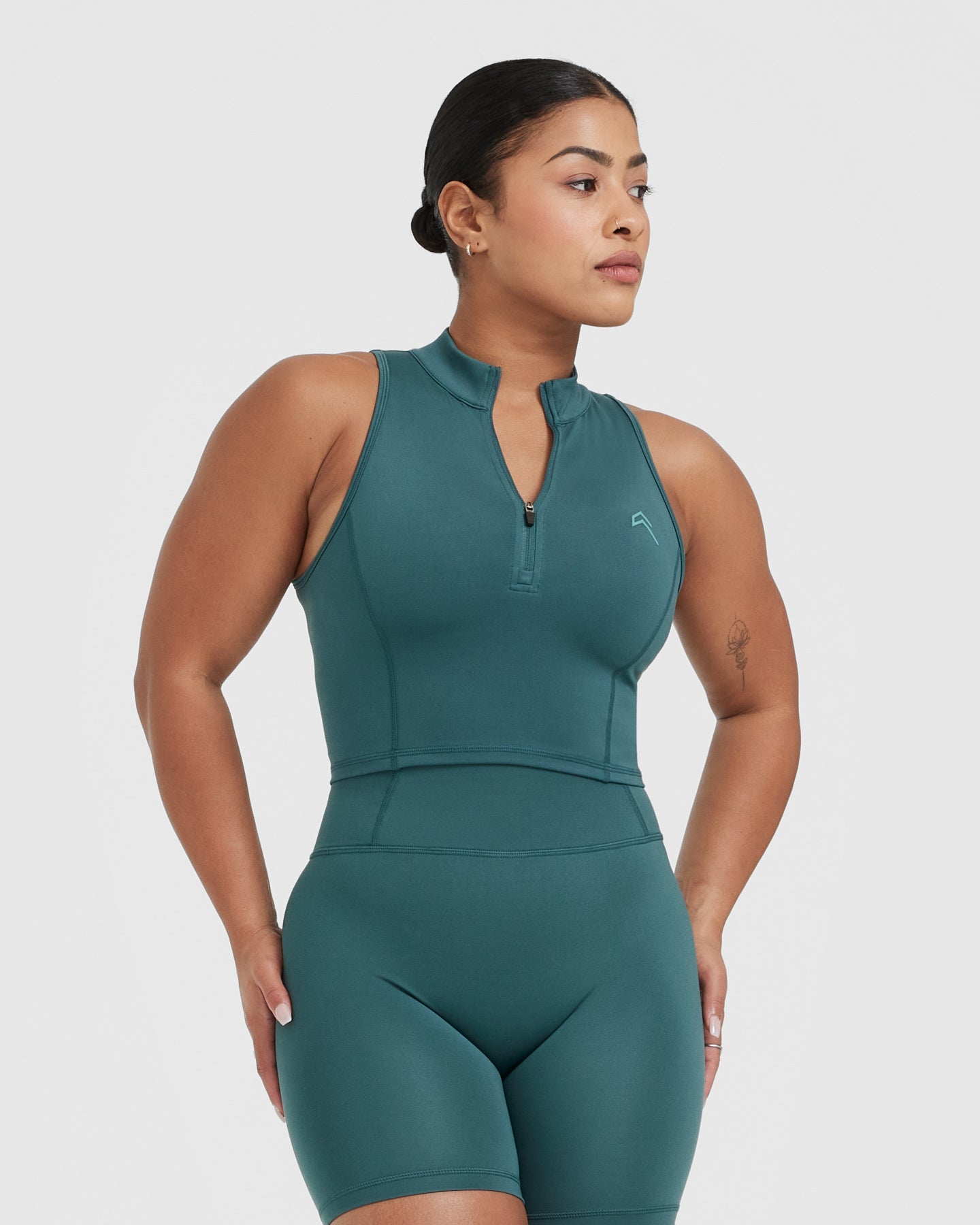 Timeless Half Zip Crop Tank Top for Women - Soft Stretchy Workout Shirt in Marine Teal | Yoga, Gym & Casual Wear