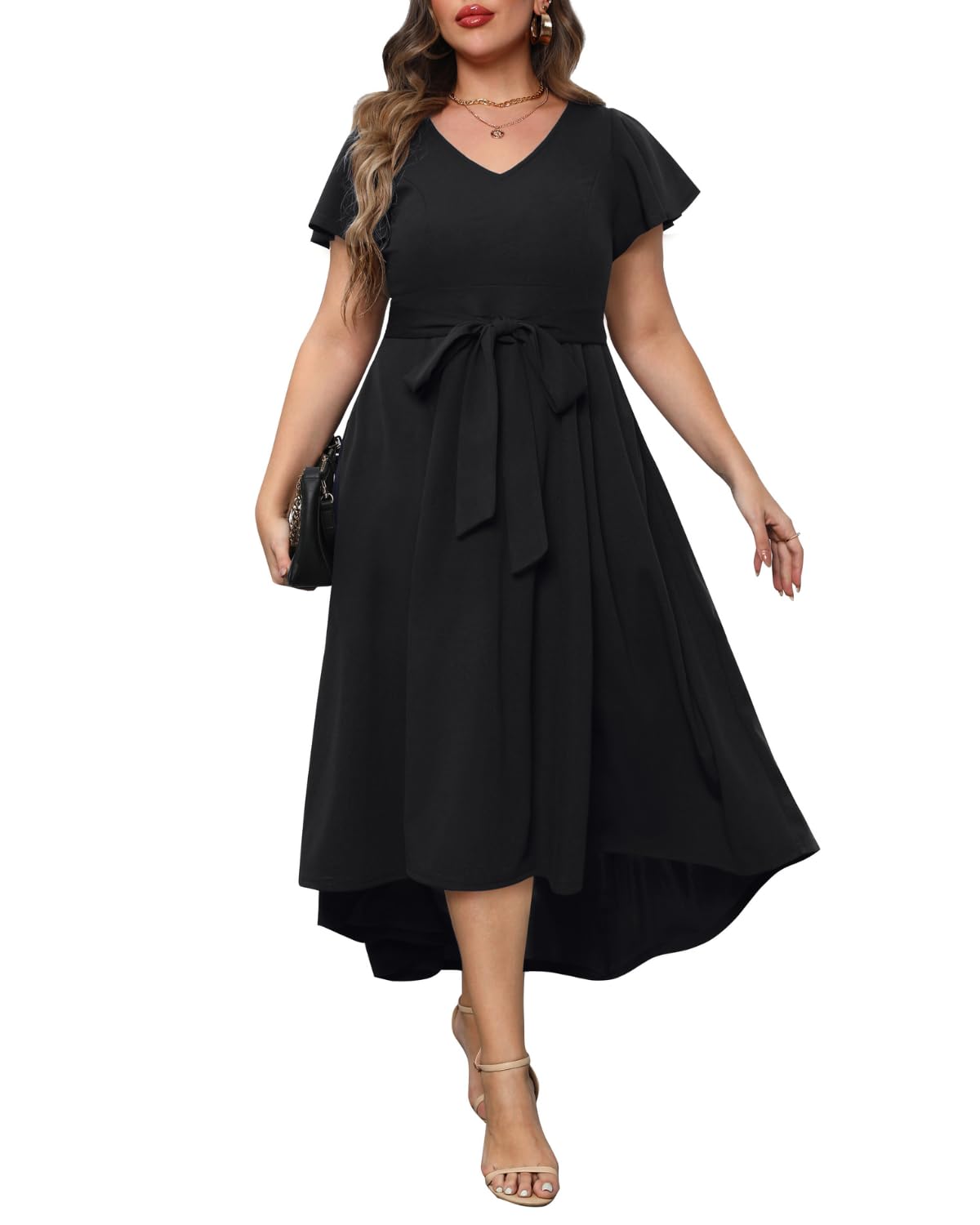 Plus Size Wedding Guest Dress Formal - Flutter Sleeve Cocktail Party High Low Dresses with Pockets | Elegant Pinup Fashion for Bridal Shower, Evening Gala & Special Occasions