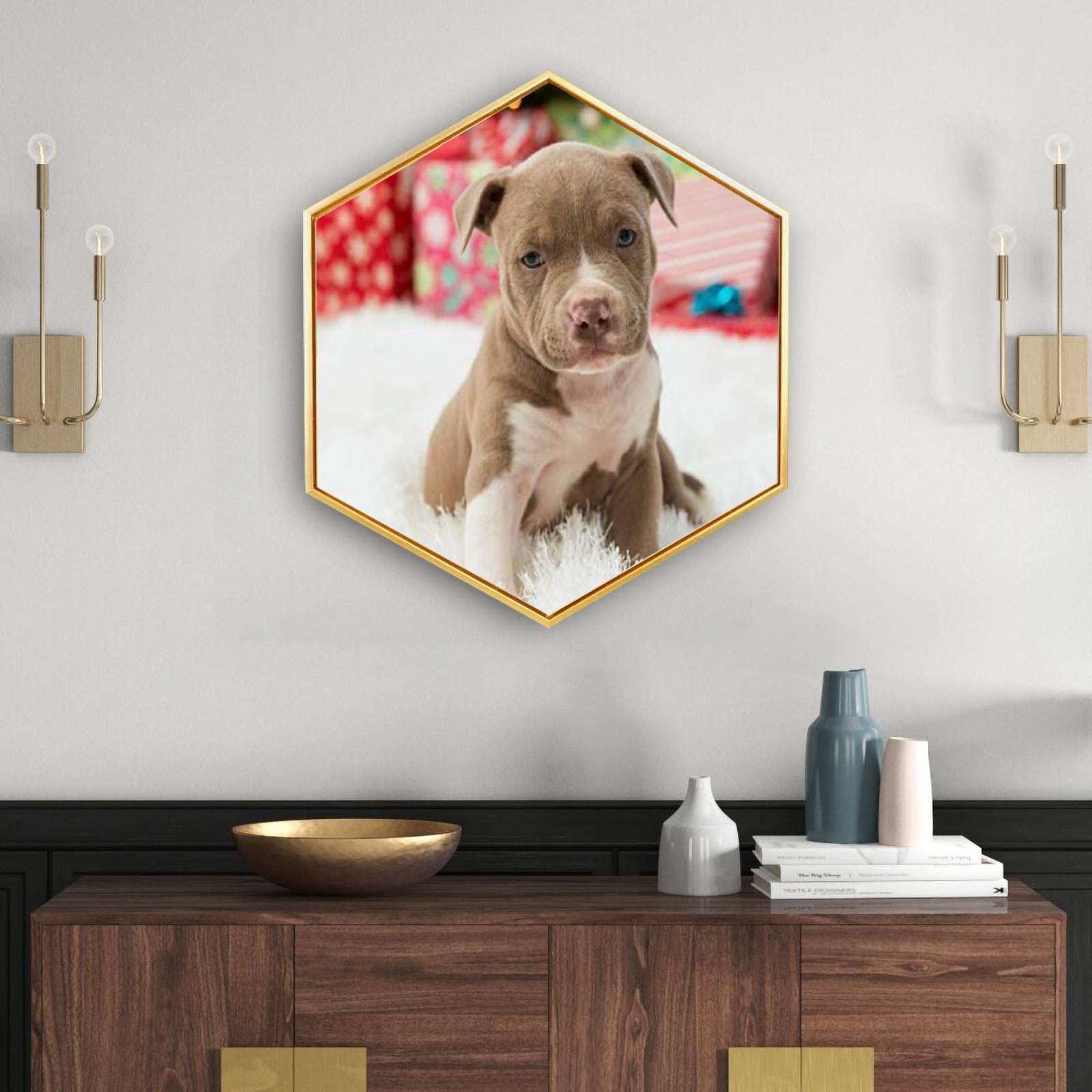 Christmas Puppy Canvas Wall Art - Golden Framed Giclee Prints - Minimalist Modern Hexagon Wall Decor for Home & Office - Ready to Hang - Perfect for Holiday Decorations, Living Room Accents & Gift Giving