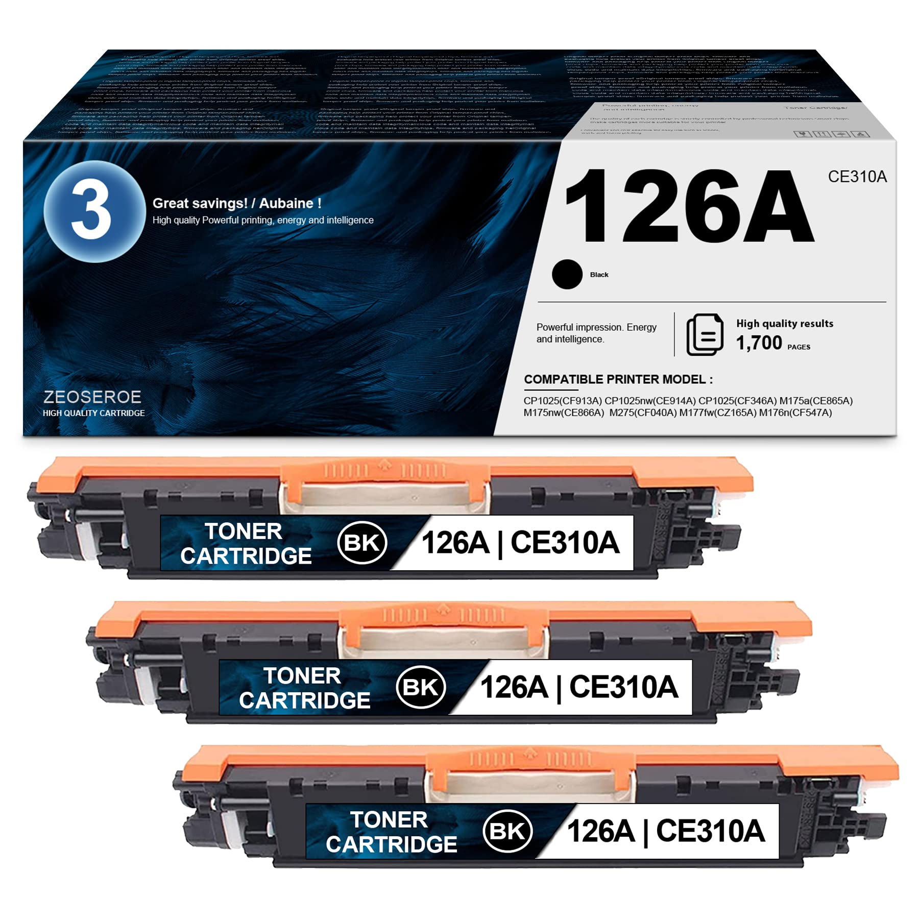 ZEOSEROE 126A | CE310A Compatible Toner Cartridge (3-Pack, Black) - Replacement for HP CP1025/CP1025nw/CP1025/M175a/M175nw/M275/M177fw/M176n Printers | High-Quality Printing for Office Documents, Reports & Home Use