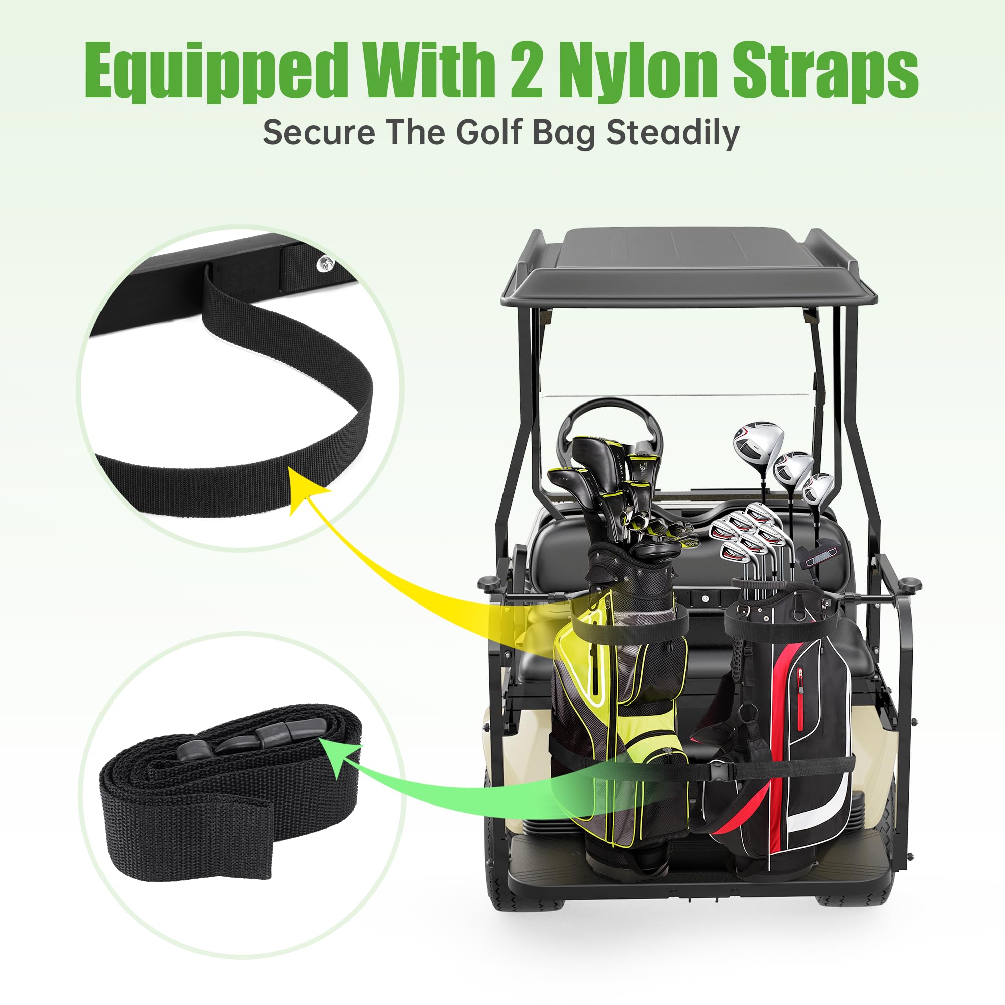 Universal Golf Bag Holder Attachment - No-Drilling Required for Yamaha, EZGO & Club Car Carts | Adjustable Rear Seat Golf Club Holder with Bonus Strap | Perfect for Golf Course, Driving Range & RV Travel