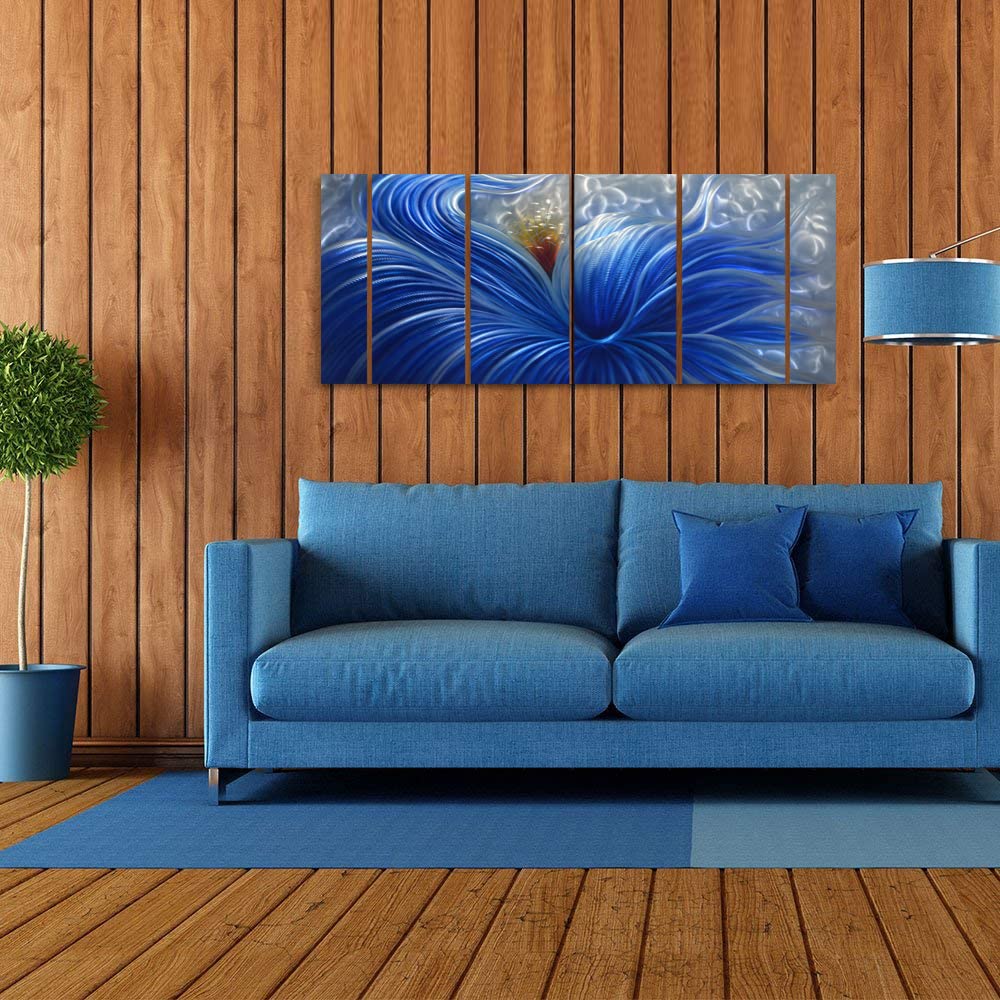 Handmade Blue Flower Metal Wall Art - Abstract Modern & Contemporary Wall Sculpture - Silver Aluminum Wall Decor - 6 Panels 65