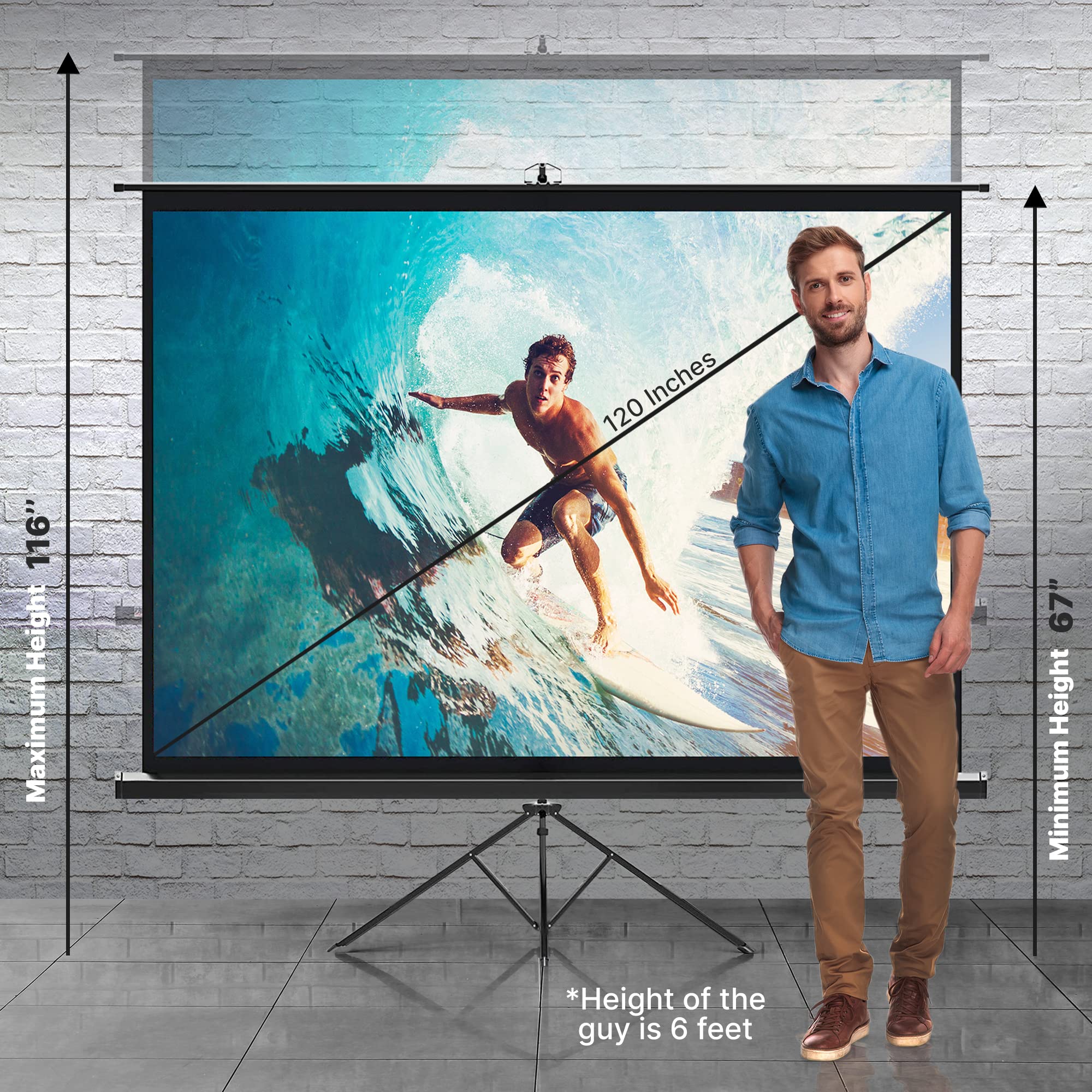 Pyle 120-Inch Universal Projector Screen with Stand - Portable Floor Standing Foldable Roll-Up Matte Screen for Indoor & Outdoor Presentations, Includes Tripod & Quick Assembly Kit | Perfect for Home Theater, Business Meetings, Classroom Teaching and Backyard Movie Nights
