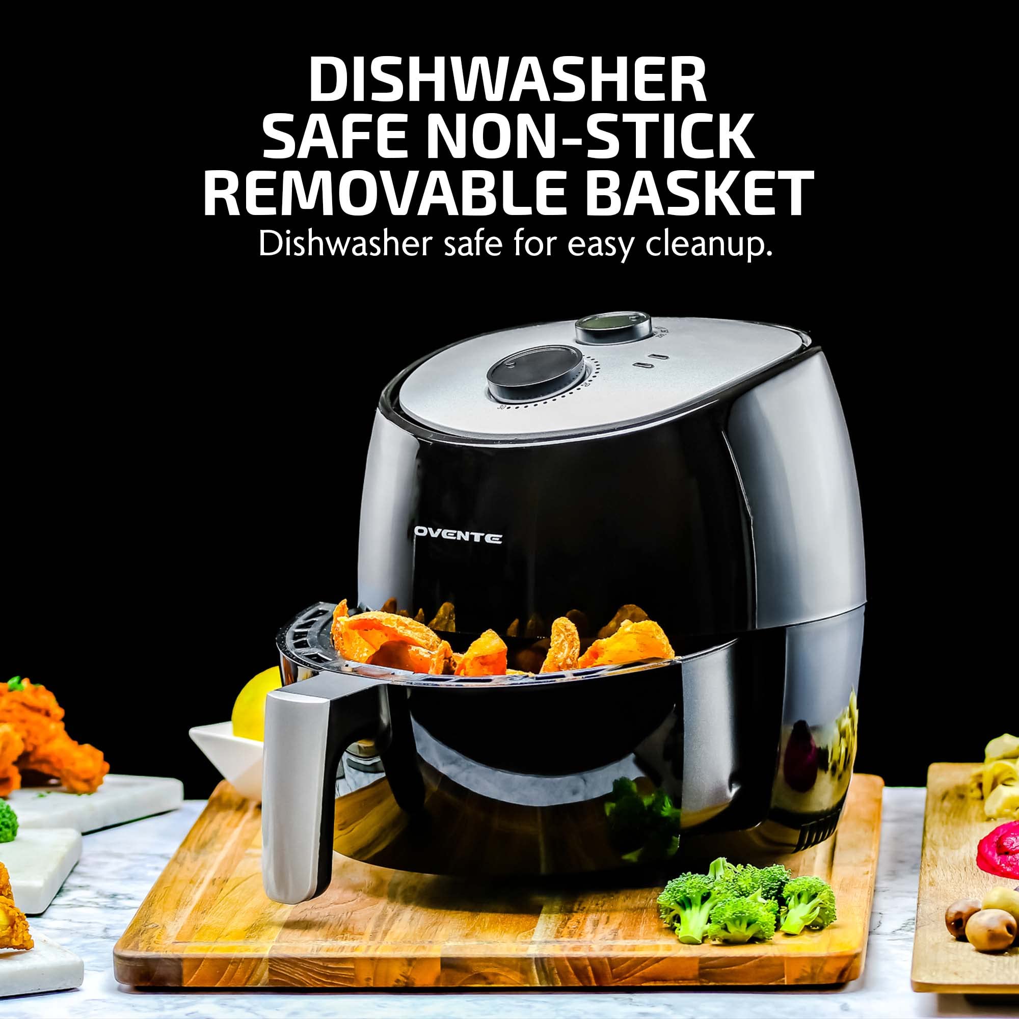 OVENTE 3.2 Qt Compact Air Fryer - 1300W Oil-Free Healthy Cooking, Nonstick Dishwasher Safe Basket with Adjustable Temp Control, 30-Min Timer & Auto Shutoff (Black) - Perfect for Small Kitchens, Dorms & Quick Meals