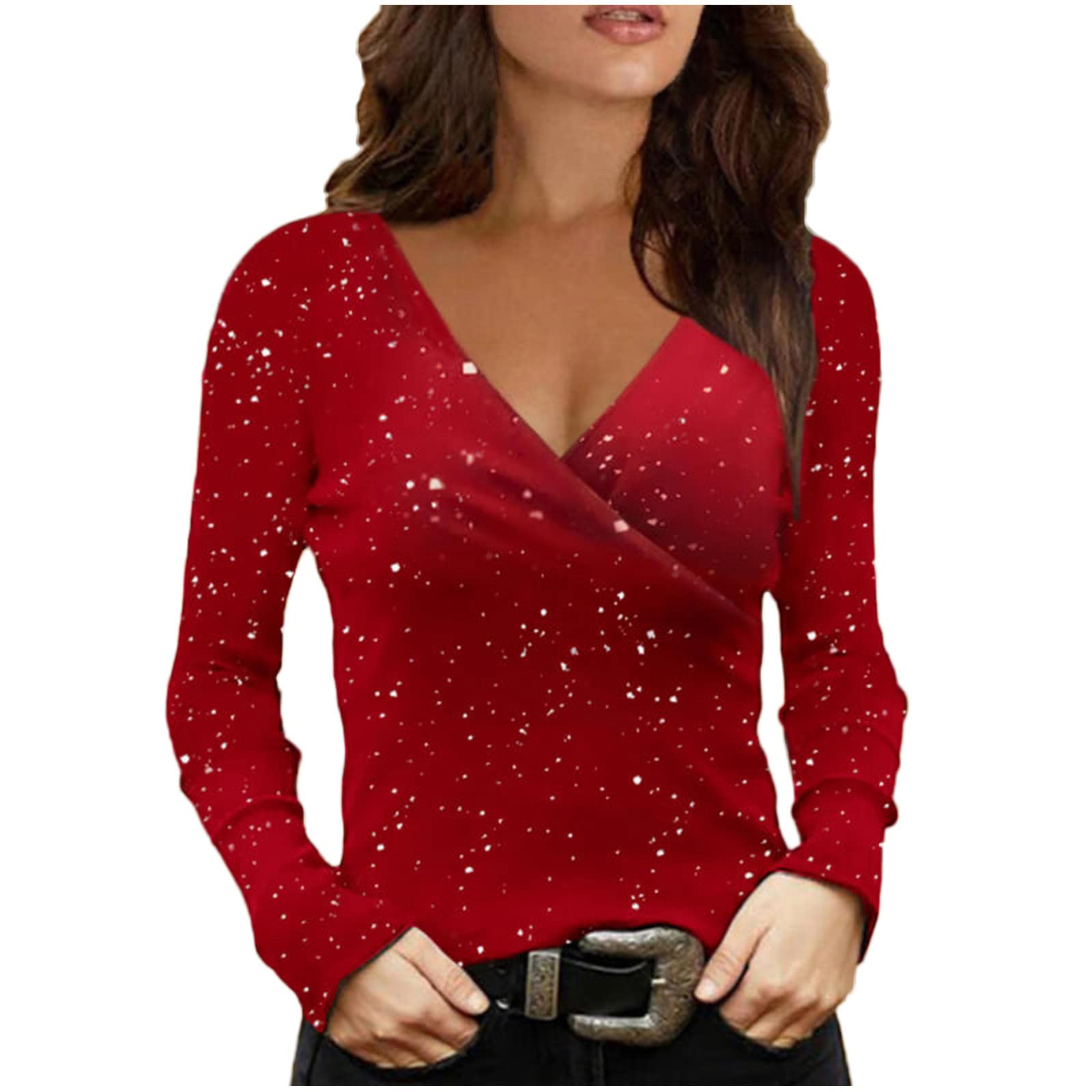 Sexy Women's Cross V Neck Long Sleeve T-Shirt - Slim Fit Wrap Blouse Pullover Top for Casual Wear & Night Out