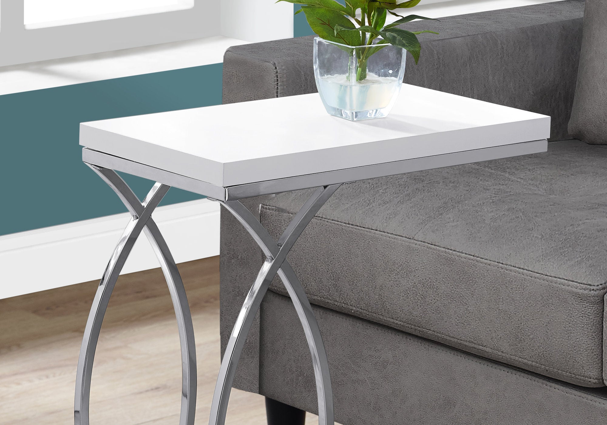 Modern Glossy White Accent Table with Chrome Metal Legs - Perfect for Living Room, Bedroom, or Office Décor