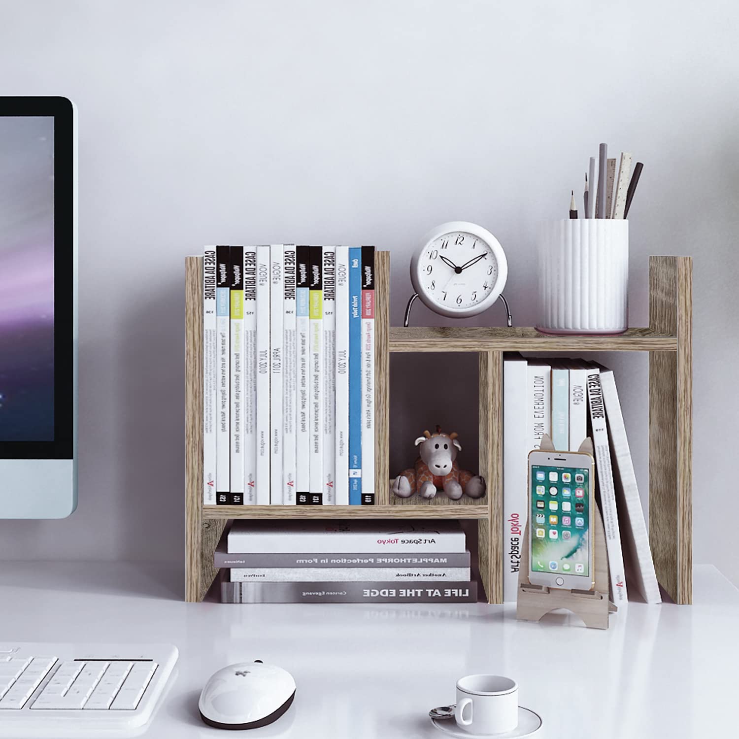 Adjustable Wood Desktop Organizer & Office Storage Rack - Double H Display Shelf in Gray Oak | Perfect for Home Office, Workspace Organization & Stylish Desk Decor