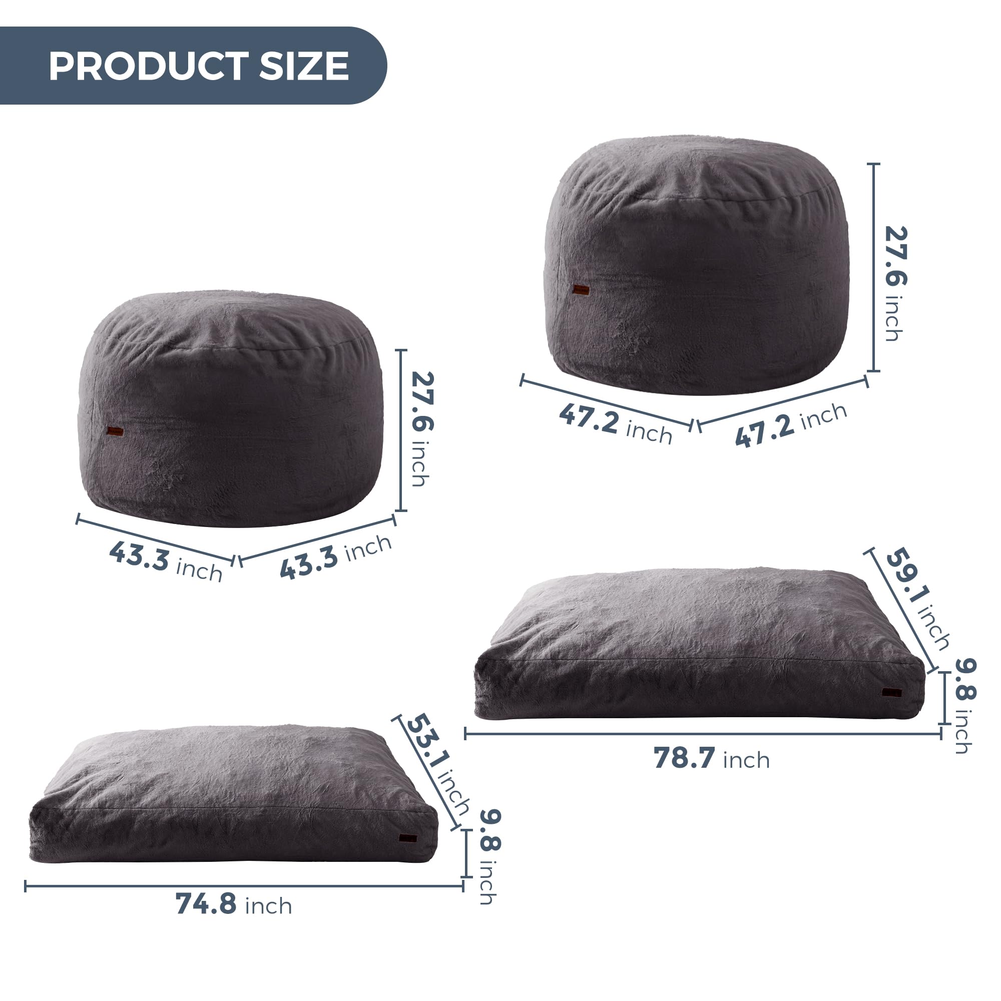 MAXYOYO Giant Faux Fur Bean Bag Chair - Convertible to Floor Mattress Bed | Dark Grey | Ultra Soft Lounge Chair for Living Room, Bedroom & Dorm | Perfect for Relaxing, Gaming & Sleepovers