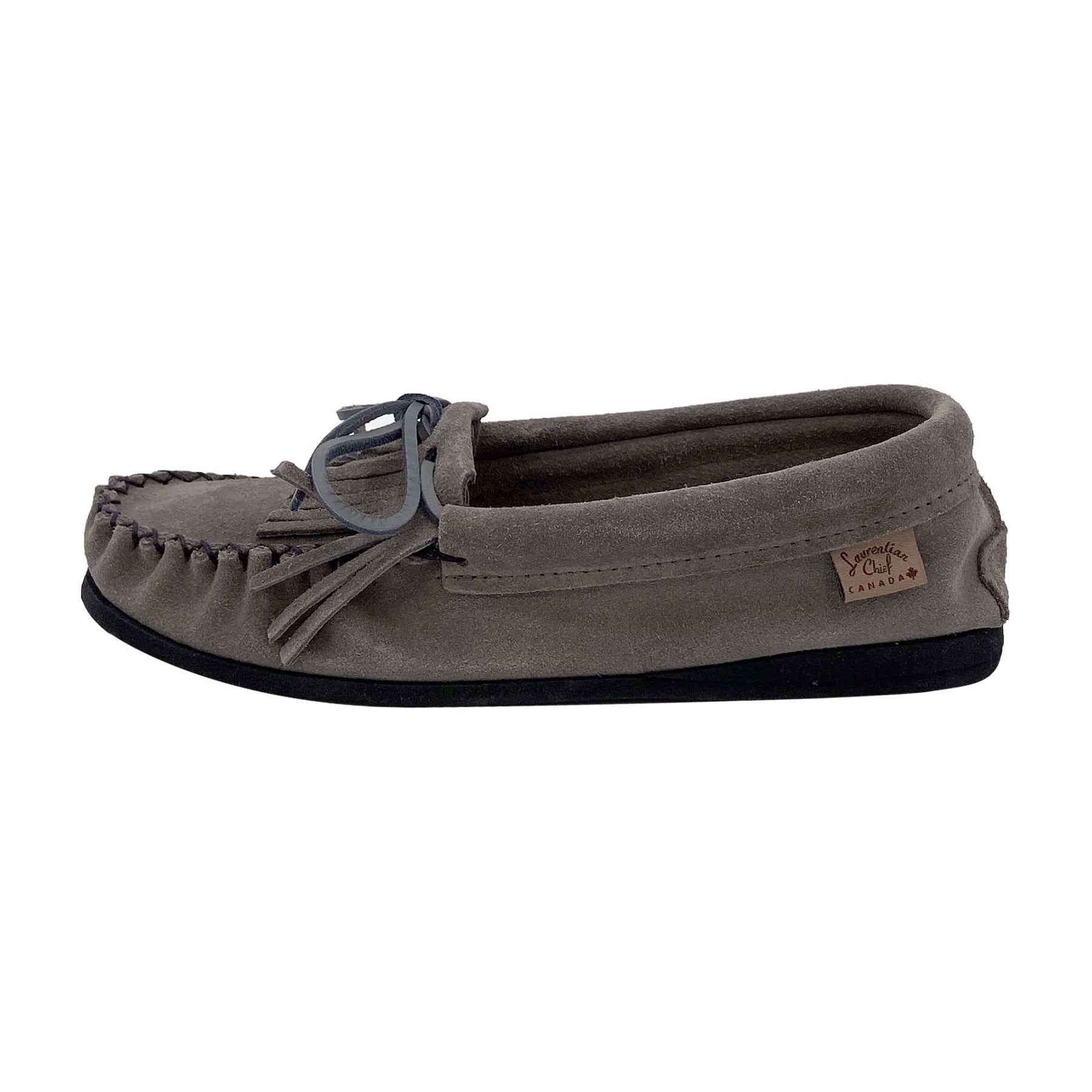 Women's Gray Suede Moccasins with Fringe Detail & Rubber Sole - Comfortable Slip-On Shoes for Casual Wear, Travel & Home