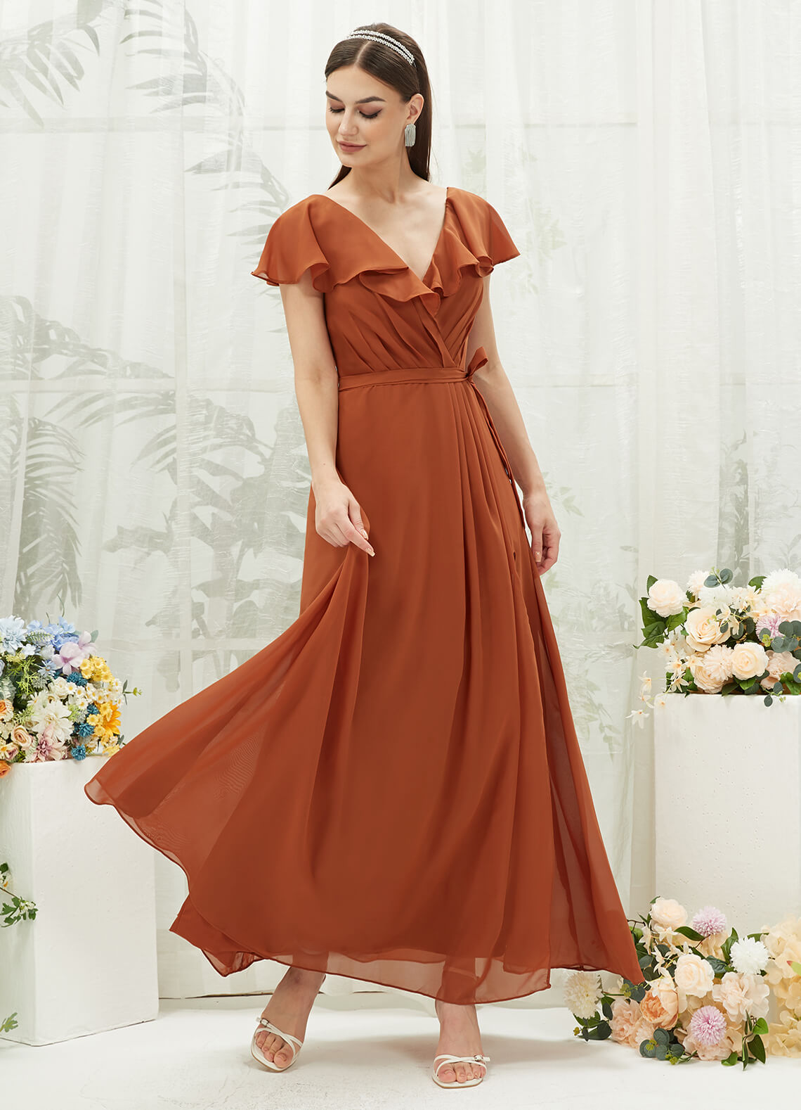 Elegant Burnt Orange Chiffon Bridesmaid Dress with Ruffle Sleeves & V-Neck Slit - Perfect for Weddings, Formal Events & Evening Parties