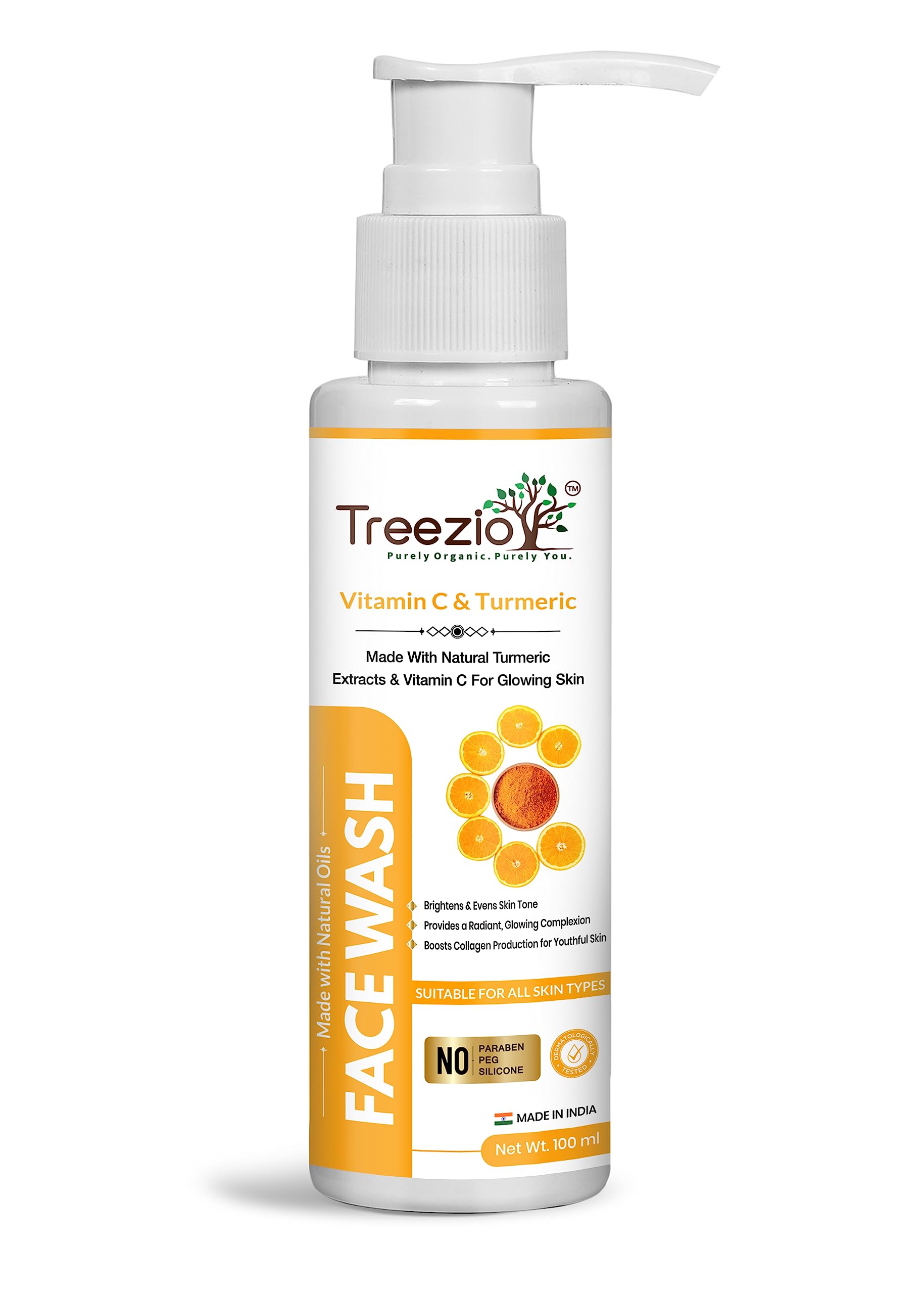 Treezio Vitamin C & Turmeric Face Wash (100ml) - Brightening & Nourishing Facial Cleanser for Glowing Skin | Natural Turmeric & Vitamin C Face Wash for Men & Women | Paraben & Silicone Free | Perfect for Daily Skincare Routine & Acne-Prone Skin