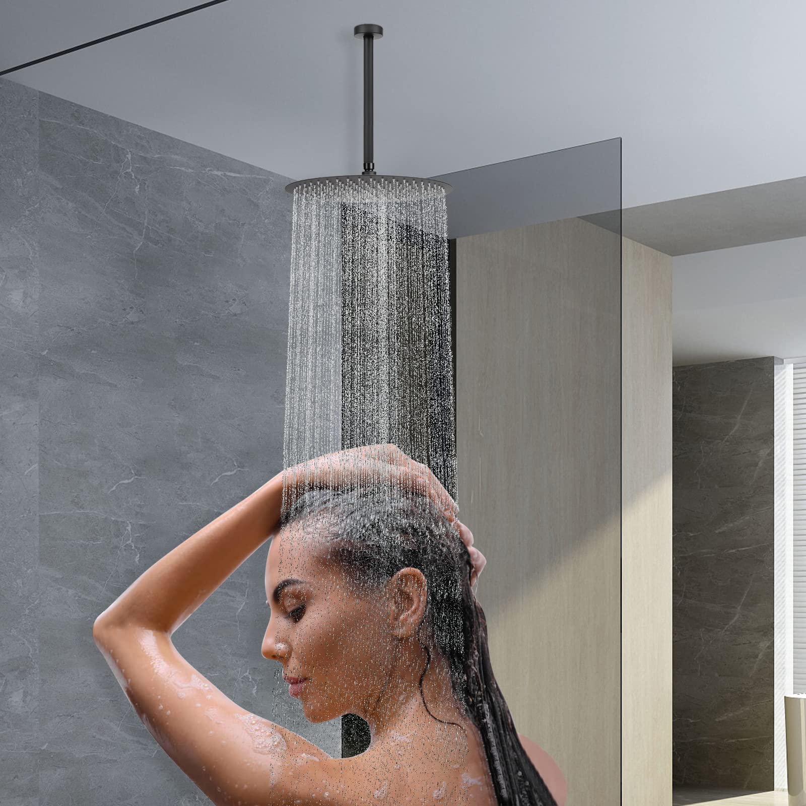 HarJue 10 Inch Matte Black Stainless Steel Ceiling Mount Shower Arm - Rain Shower Extension with Flange & Teflon Tape - Durable Fixed Shower Head Extender for Bathroom & Spa Renovation
