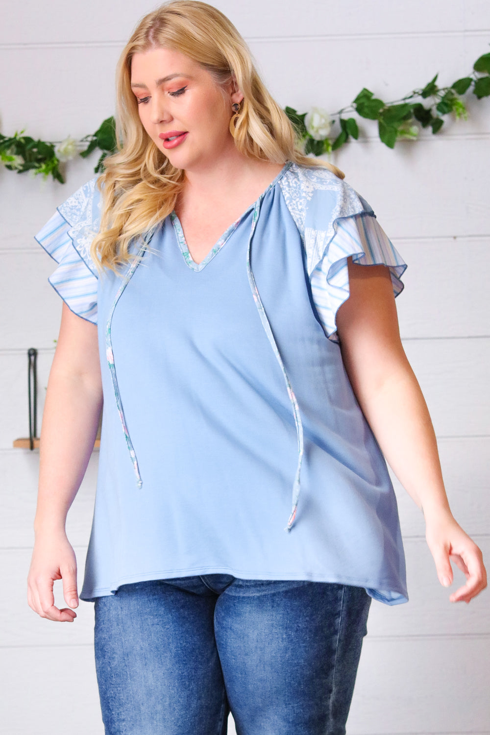 Blue Floral & Stripe V-Neck Tie Double Flutter Sleeve Blouse for Women | Summer Casual Tops for Work, Date Night & Outdoor Activities