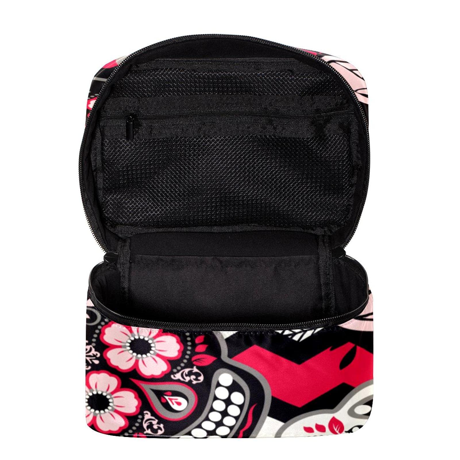 Sugar Skull Floral Zigzag Wave Travel Makeup Bag - Large Cosmetic Organizer with Zipper for Women & Girls - Perfect for Travel, Gym, and Daily Essentials Storage