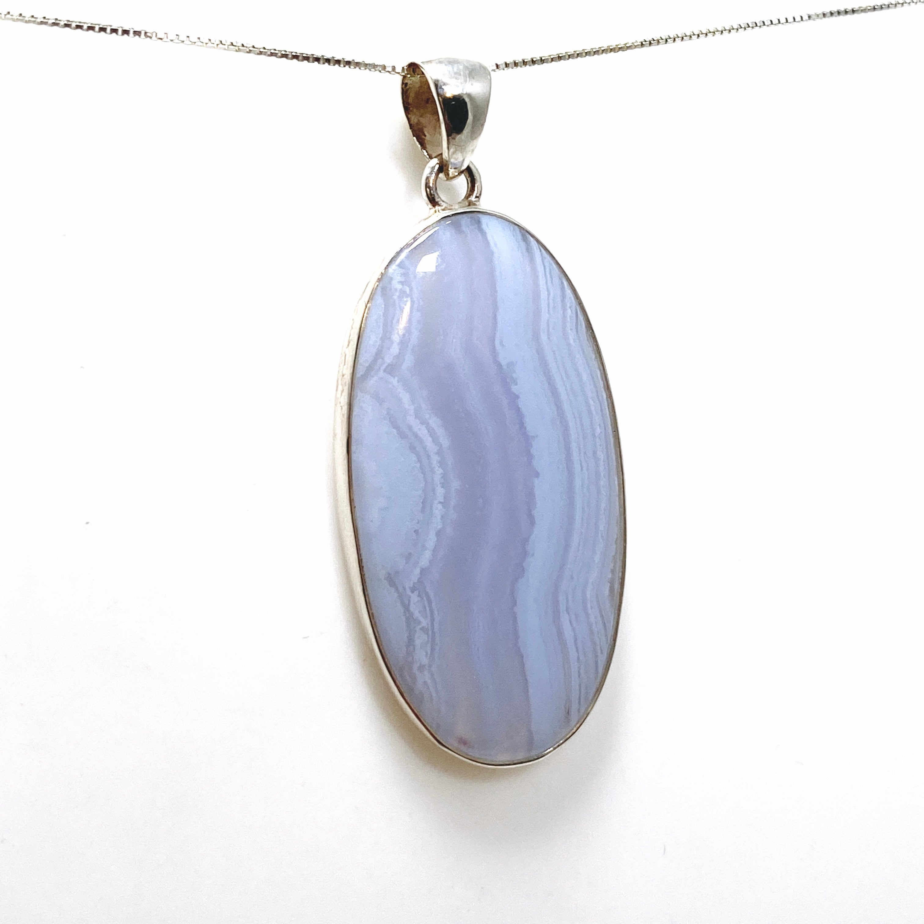 Blue Lace Agate Oval Cabochon Pendant - Natural Stone Jewelry KPGJ4823 for Women's Necklace, Healing Crystal Gift for Meditation & Spiritual Protection