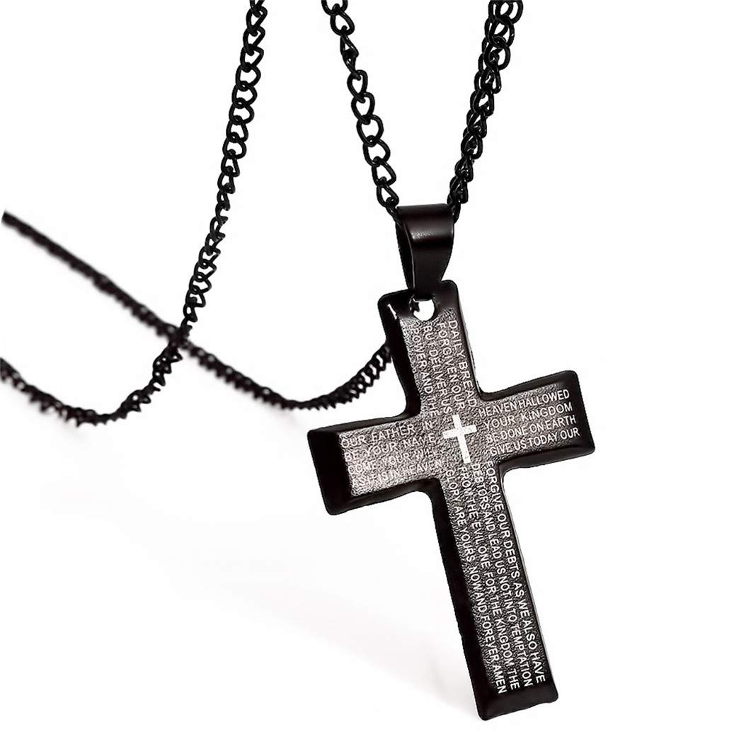 GOMYIE Black Cross Pendant Necklace for Men - Stainless Steel Lord's Prayer Necklace with Heavy Wheat Chain - Religious Jewelry Gift for Baptism, Confirmation & Daily Wear