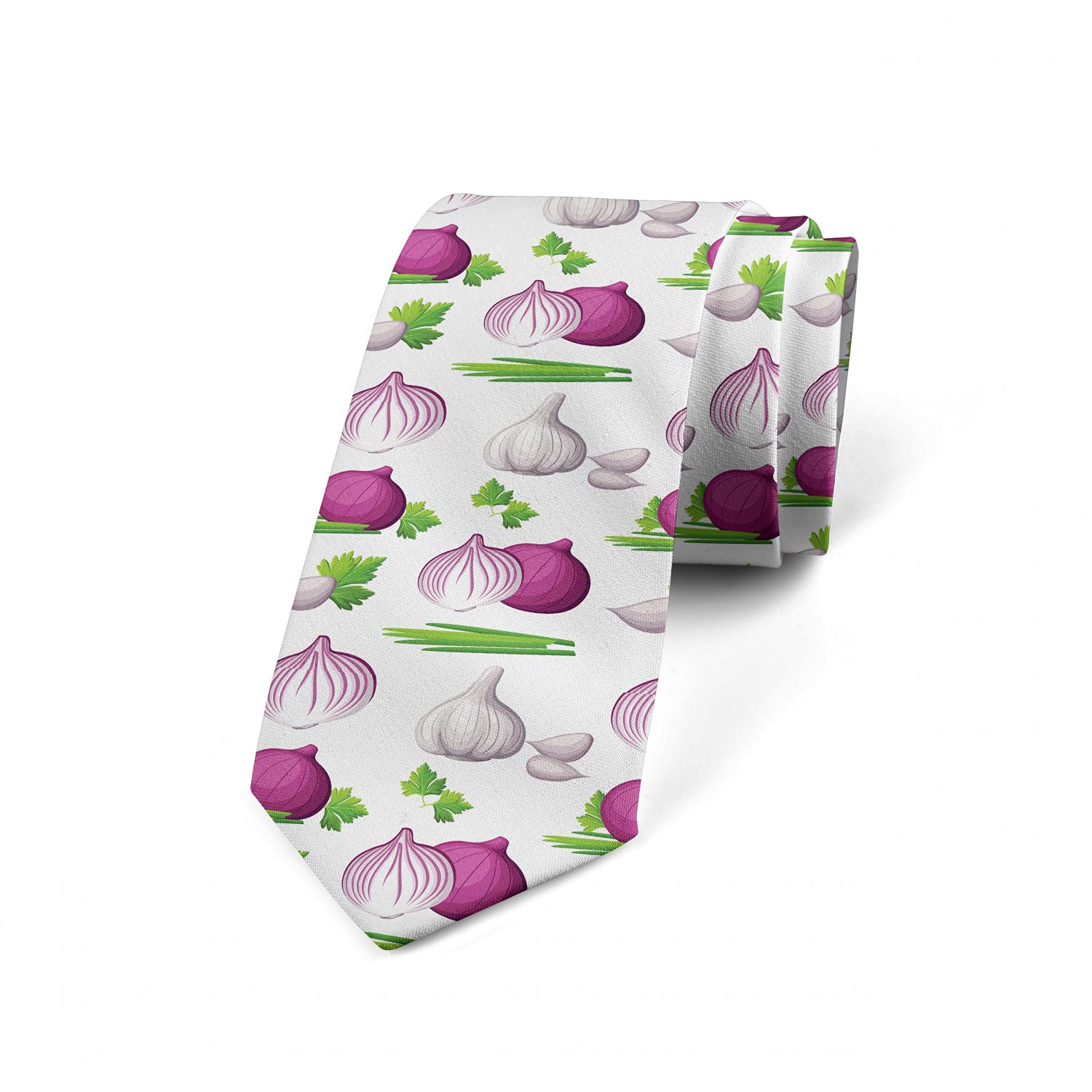 Ambesonne Men's Necktie - Sliced Onions & Garlic Print, 3.7 Inch Wide, Dark Magenta Green Skinny Tie - Perfect for Business, Office, Wedding & Formal Occasions