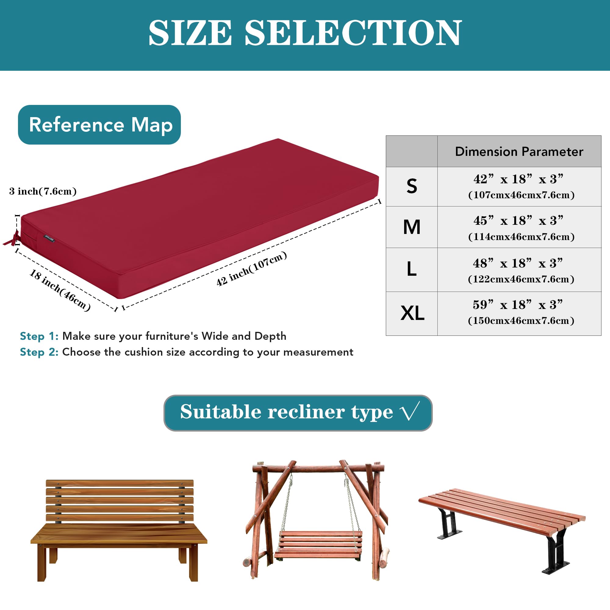 45 x 18 Inch Waterproof Outdoor Bench Cushions - Thick Patio Swing Cushion with Ties, Durable 5-Year Color Fastness (Burgundy) - Perfect for Porch, Garden & Backyard Furniture
