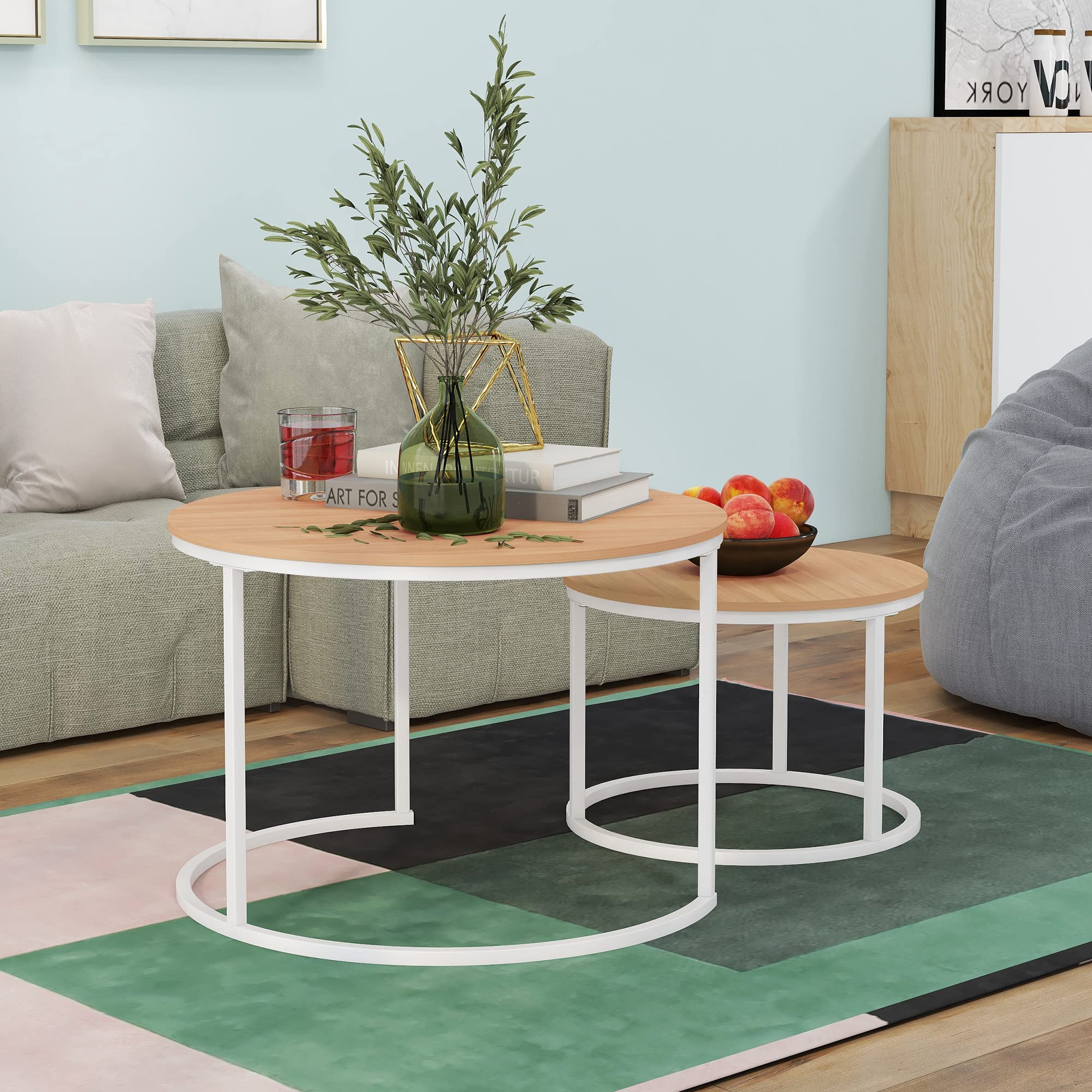 HOJINLINERO 2-Piece Round Coffee Table Set - Stackable End Tables for Living Room, Sturdy & Easy Assembly, Wood Look Accent Furniture with Metal Frame, Industrial Modern Style in White & Teak Oak - Perfect for Small Spaces, Sofa Side Tables, Coffee Table Alternatives, Home Office & Apartment Decor