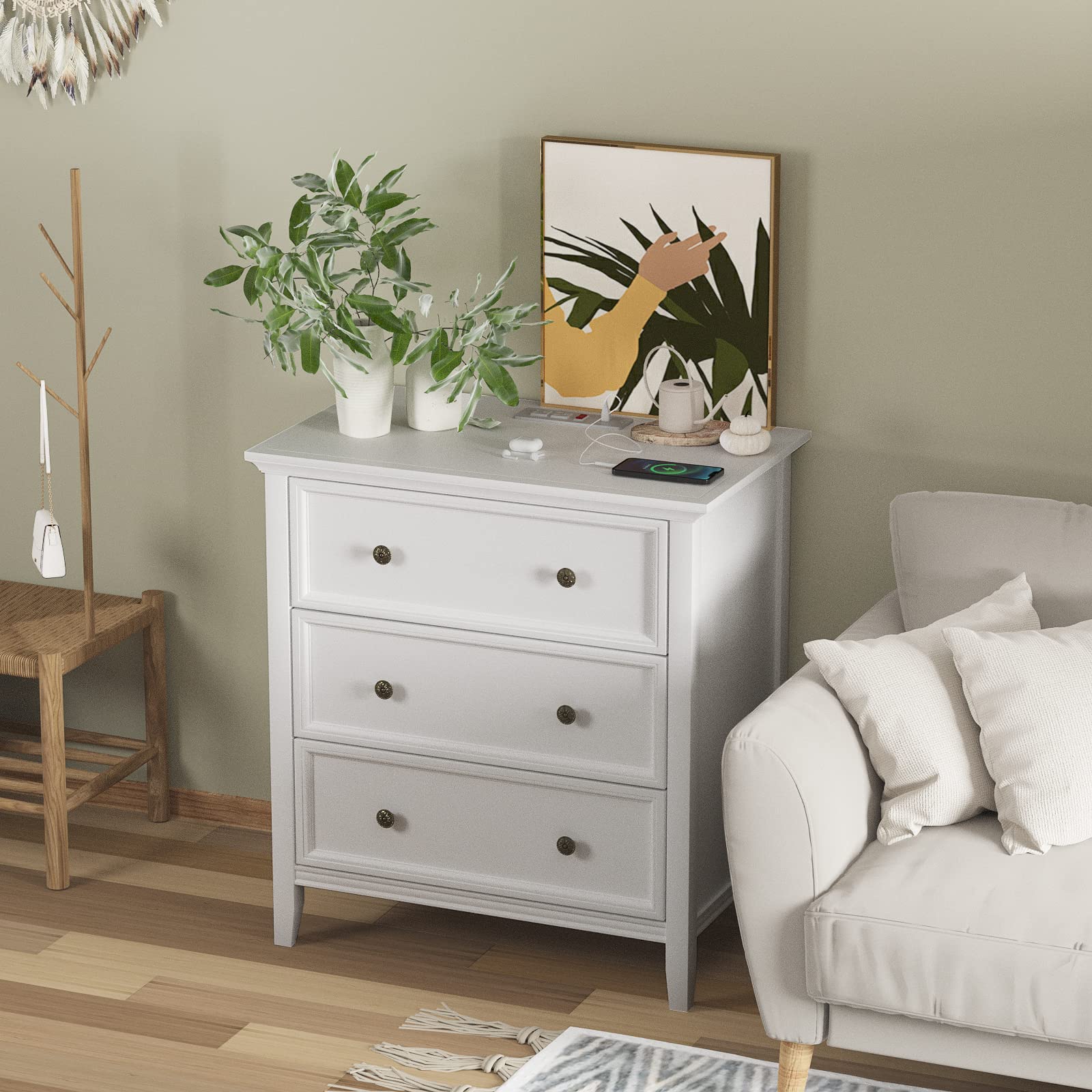 IKENO White Nightstand with 3 Drawers & USB Charging Station - Solid Wood Bedside Table with Storage Organizer for Bedroom, Living Room, or Office