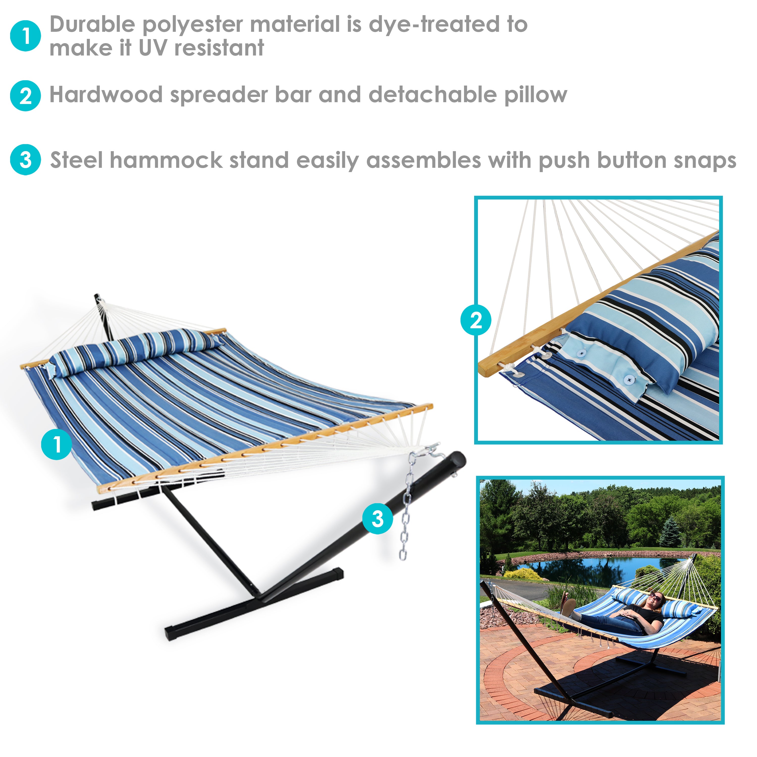 Sunnydaze 2-Person Freestanding Quilted Fabric Hammock with Stand - Portable Outdoor Hanging Bed for Backyard, Patio, Beach & Camping