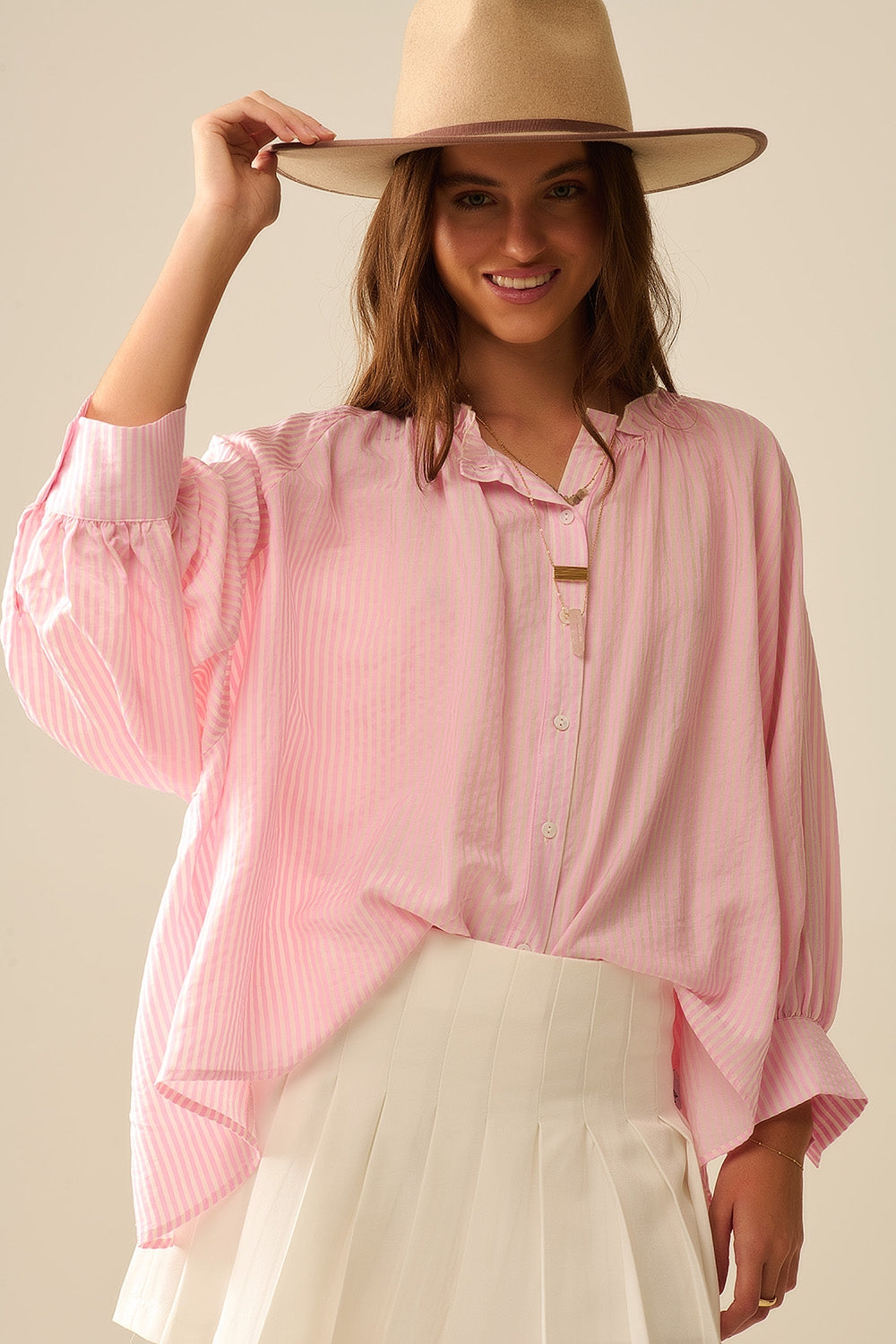 Balloon Sleeve Striped Blouse in Pink - Elegant Women's Top for Casual Wear, Office & Date Night