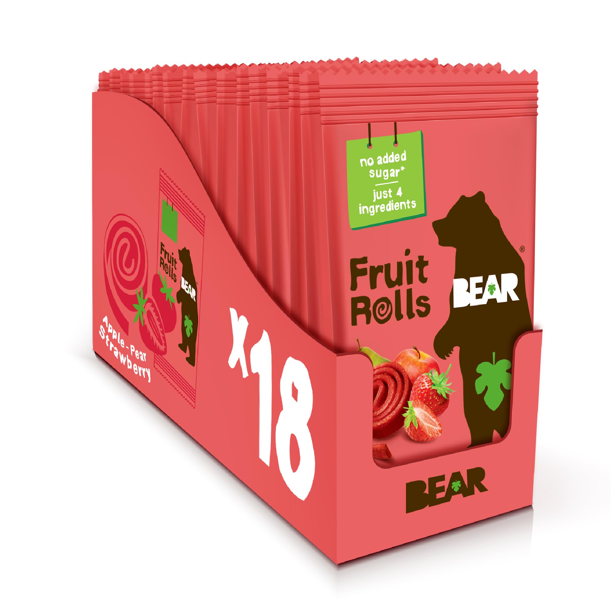 BEAR Real Fruit Snack Rolls - Gluten Free, Vegan, Non-GMO Strawberry Snacks - Healthy School & Lunch Snacks for Kids & Adults - 0.7oz (18 Pack) - Perfect for On-the-Go, Travel & After-School Treats