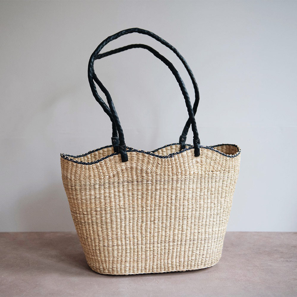 Handwoven Basket Tote Bag - Natural Woven Straw Beach Bag with Leather Handles - Perfect for Beach, Picnic, Shopping and Farmers Market