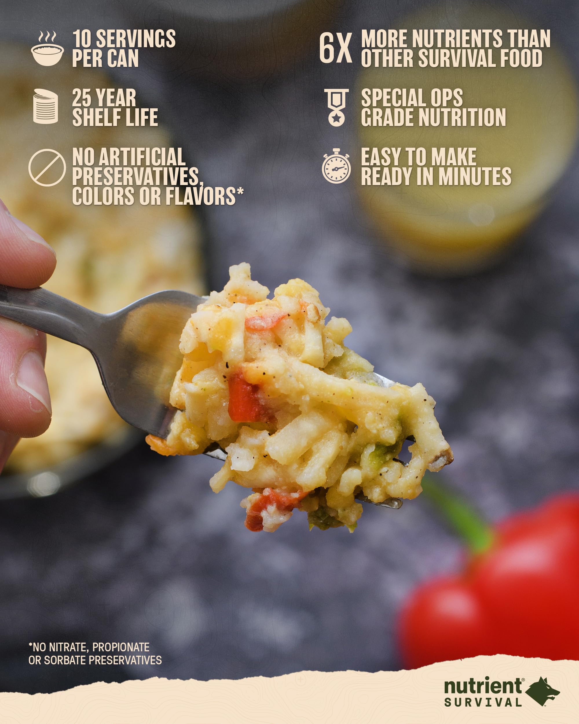 Nutrient Survival MRE Homestyle Scramble Eggs - Freeze Dried Ready-to-Eat Emergency Food (10 Servings) | 40 Essential Nutrients, 25 Year Shelf Life | Perfect for Camping, Hiking & Disaster Preparedness