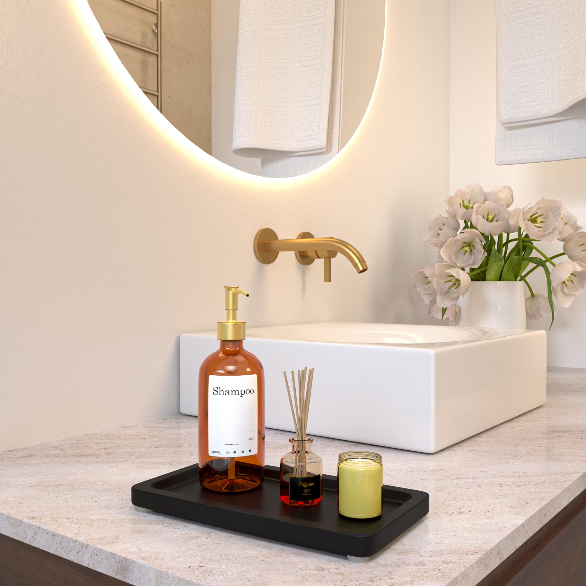 Black Bathroom Tray - Small Matte Black Bamboo Wood Tray for Vanity, Coffee Table & Counter Decor | 9 Inch Perfume Organizer & Cologne Display | Perfect for Bathroom, Bedroom & Living Room Organization