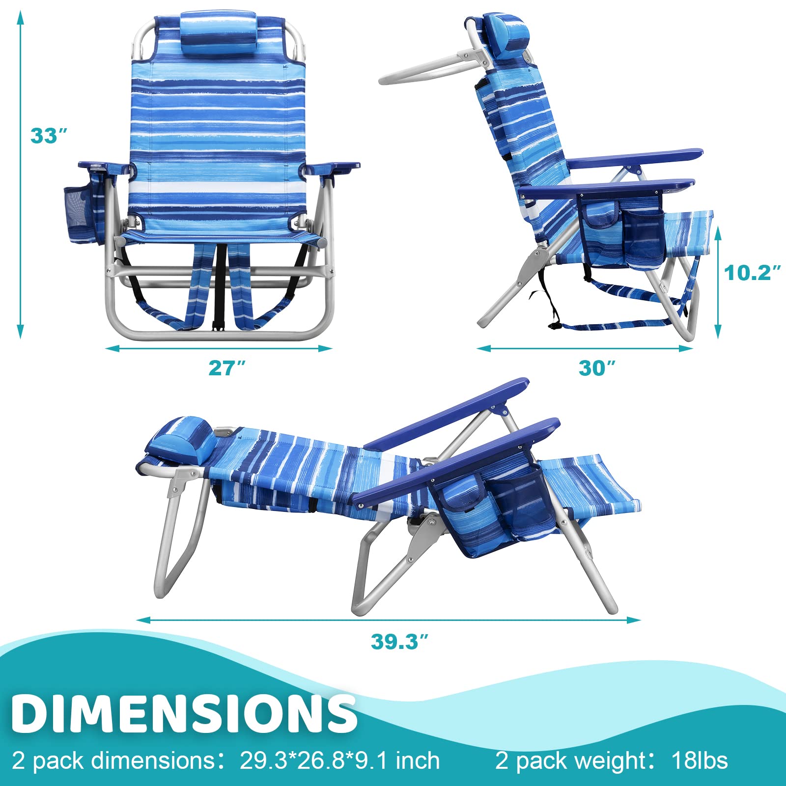 **LEMBERI Heavy Duty Folding Beach Chair for Adults - Adjustable High Back Camping Chair with Large Pockets, Cup Holder & Towel Rack - Portable for Outdoor, Travel, Picnics & Beach Lounging (2-Pack, Blue)**