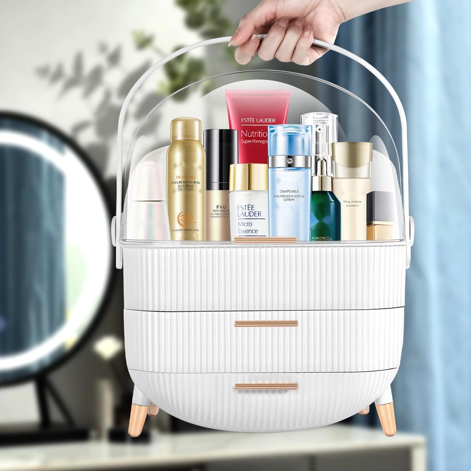 Preppy Makeup Organizer & Skincare Storage Box for College Students - Portable Cosmetic Caddy for Dorm, Bathroom, Dresser - White | Perfect for Travel, Vanity Organization & Small Space Storage