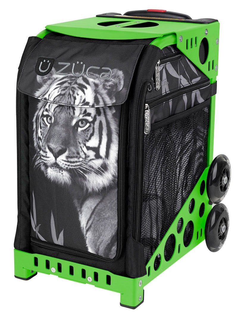 ZUCA Travel Backpack with Tiger Print Insert & Green Frame - Lightweight Carry-On Luggage with LED Flashing Wheels for Kids, School, Sports, and Airplane Trips